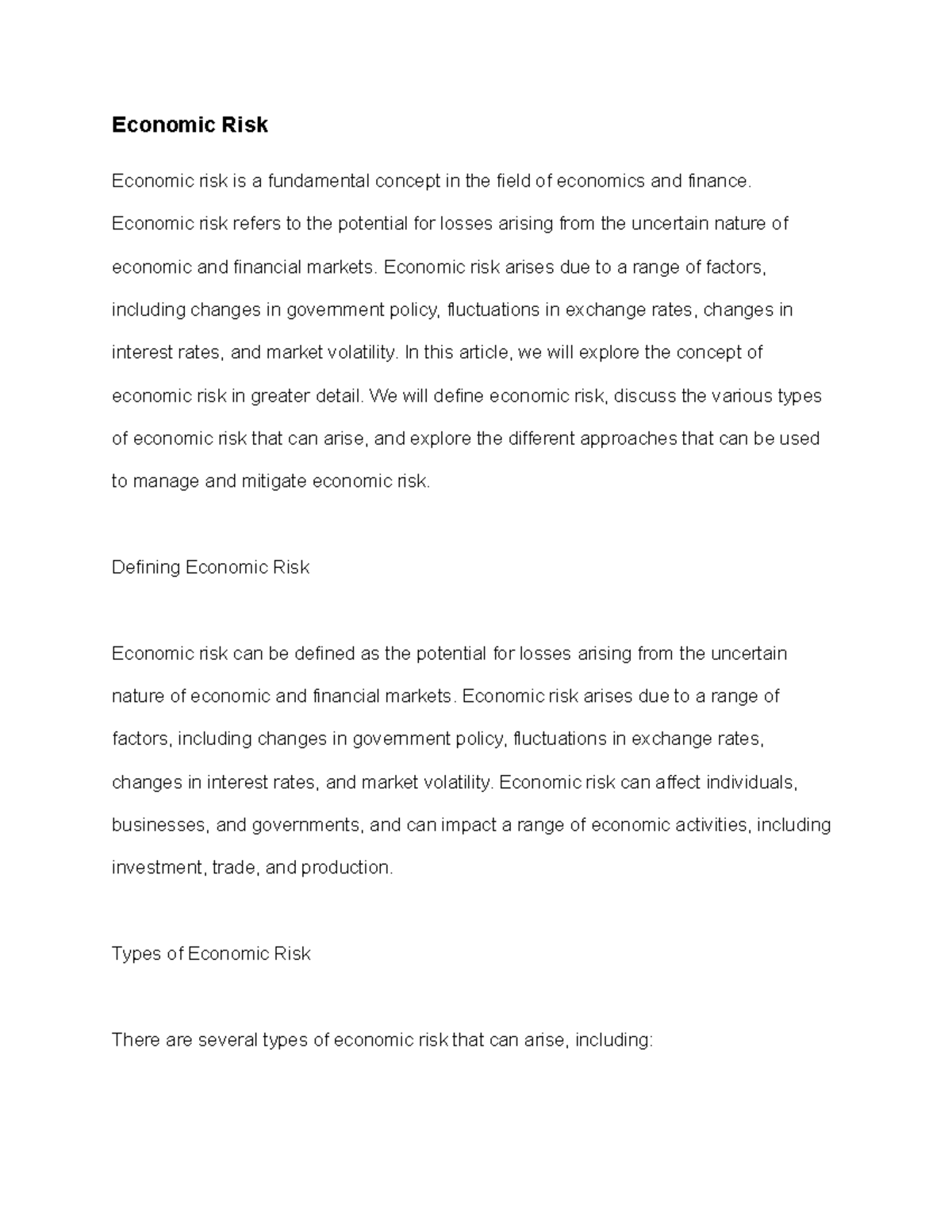 Economic Risk - Economic Risk Economic risk is a fundamental concept in ...