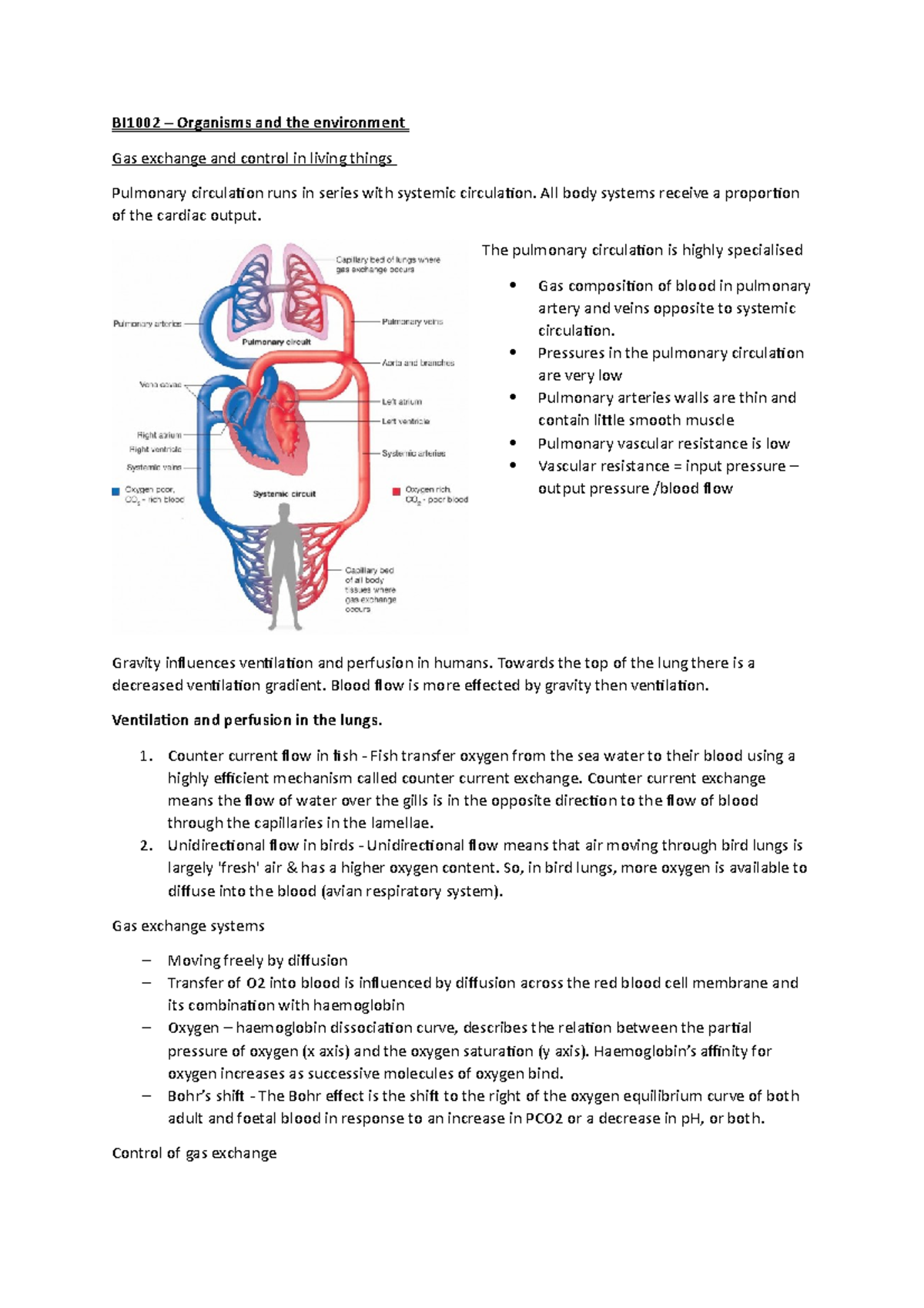 Gas exchange and control in living things - BI1002 – Organisms and the ...