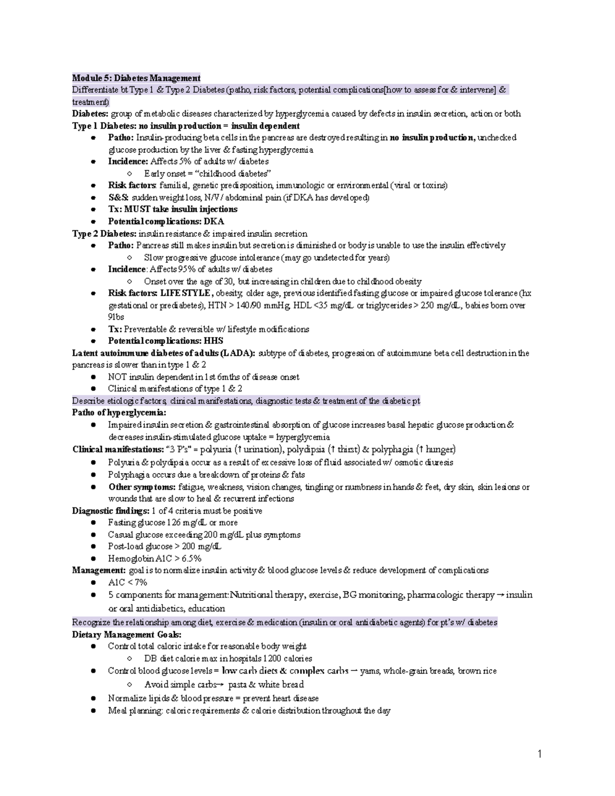 Adults 1 Exam 2 Study Guide - Module 5: Diabetes Management ...