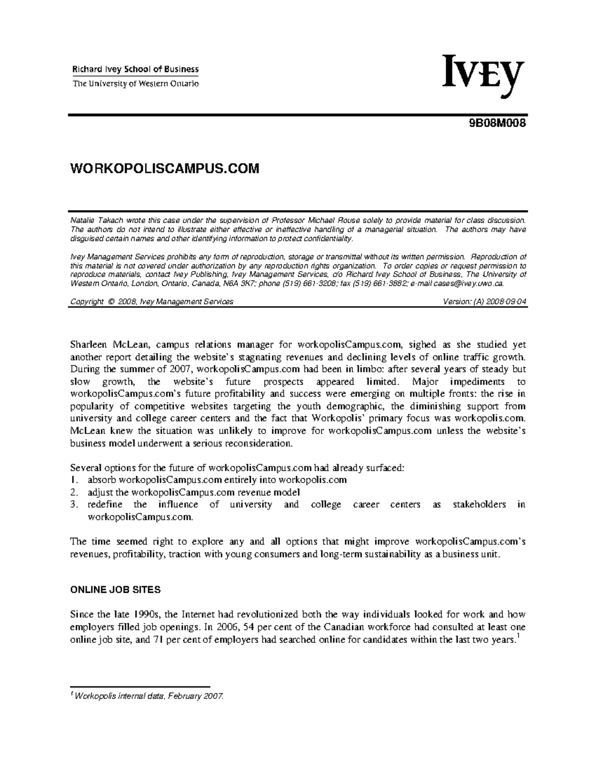 Team Project Case - Workopolis Campus - S w 9B08M WORKOPOLISCAMPUS ...