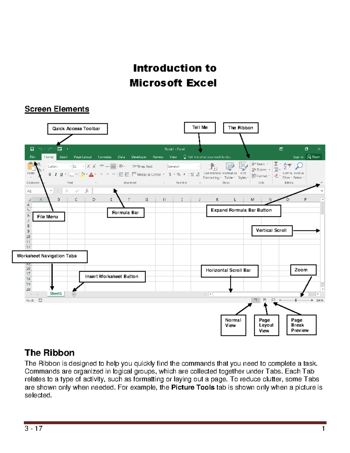 Introduction to Excel - notes - 3 - 17 1 Screen Elements The Ribbon The ...