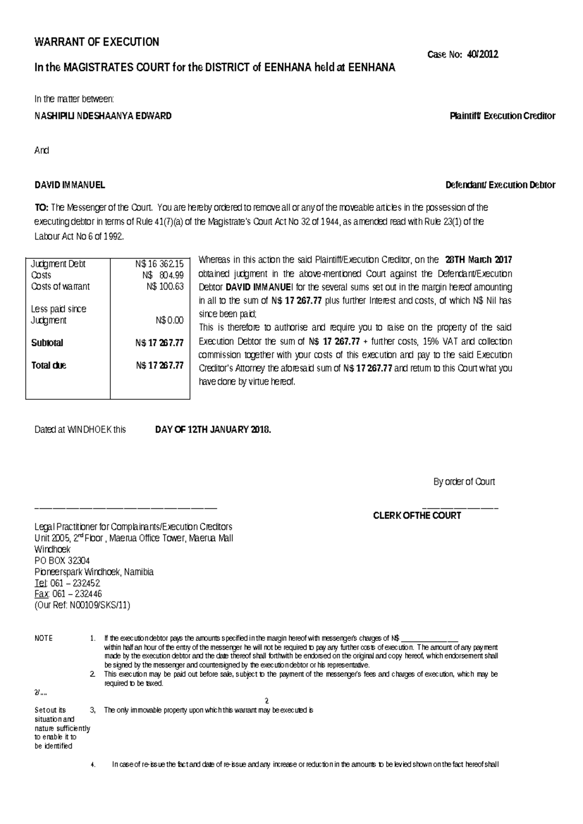 Warrant of Execution - Nashipili Ndeshaanya - WARRANT OF EXECUTION Case ...