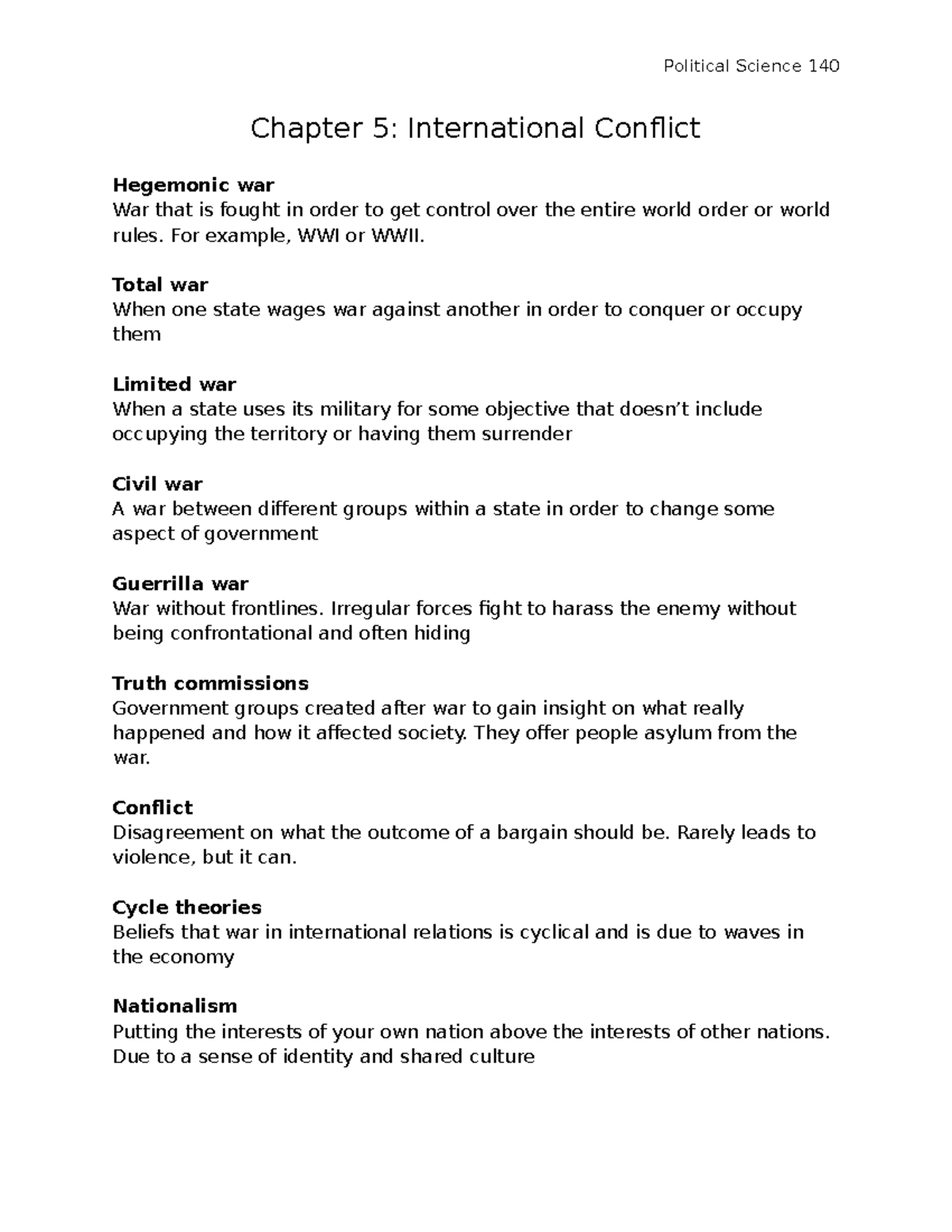 Ch. 5 Dictionary International Conflict Political Science 140