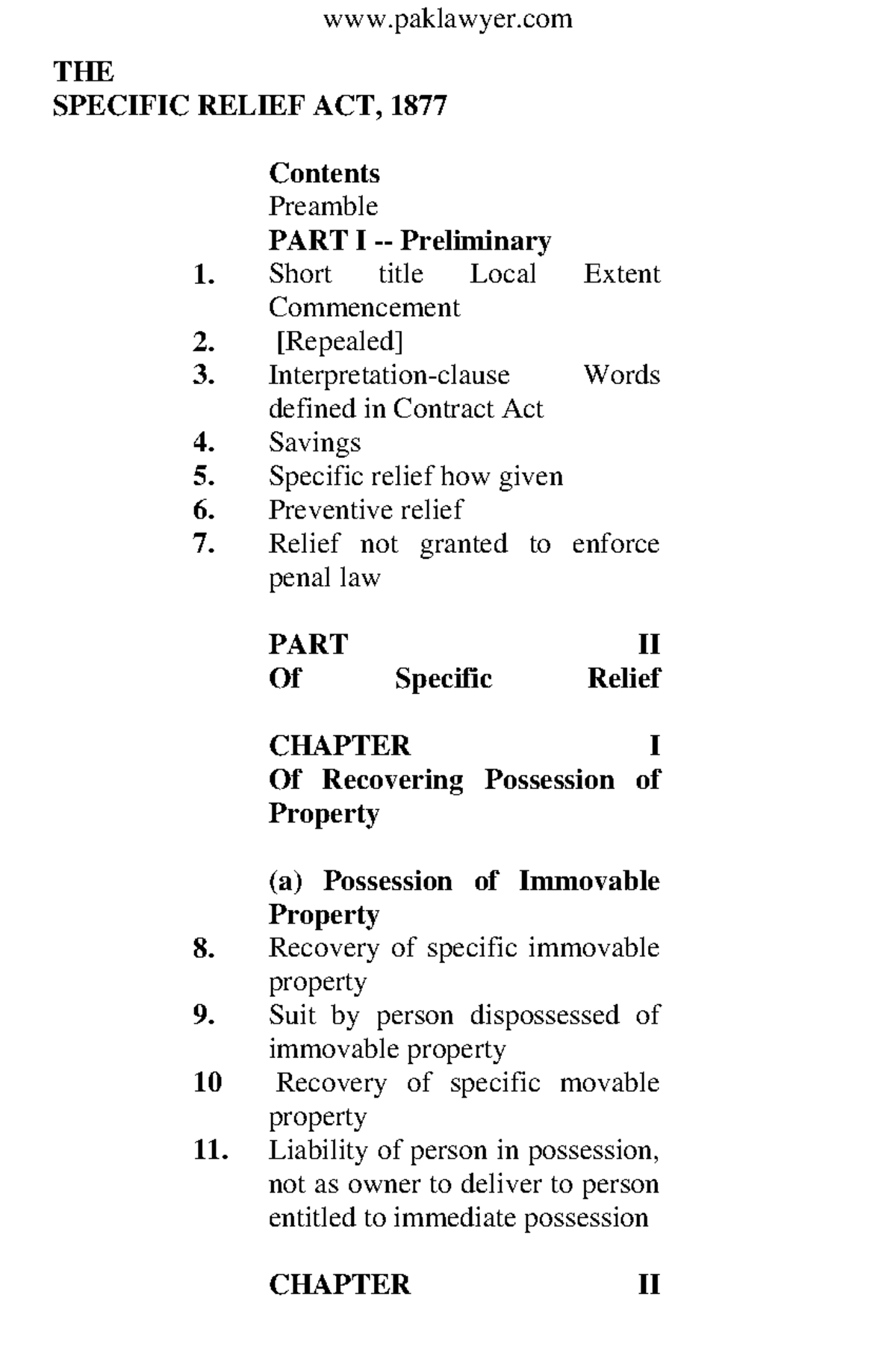 Specific Relief Act 1877 1 THE SPECIFIC RELIEF ACT, 1877 Contents