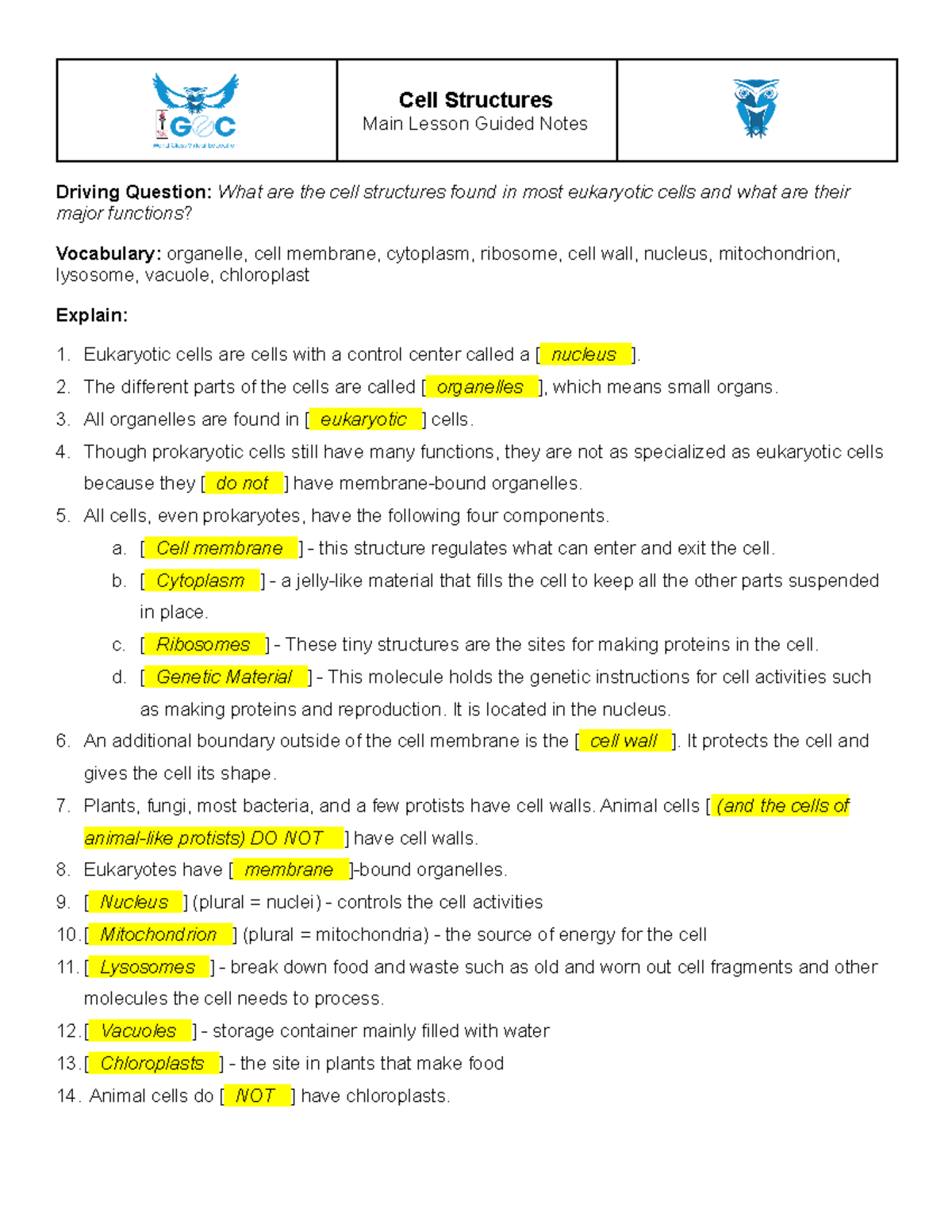 Cell Structures Guided Notes - Cell Structures Main Lesson Guided Notes ...