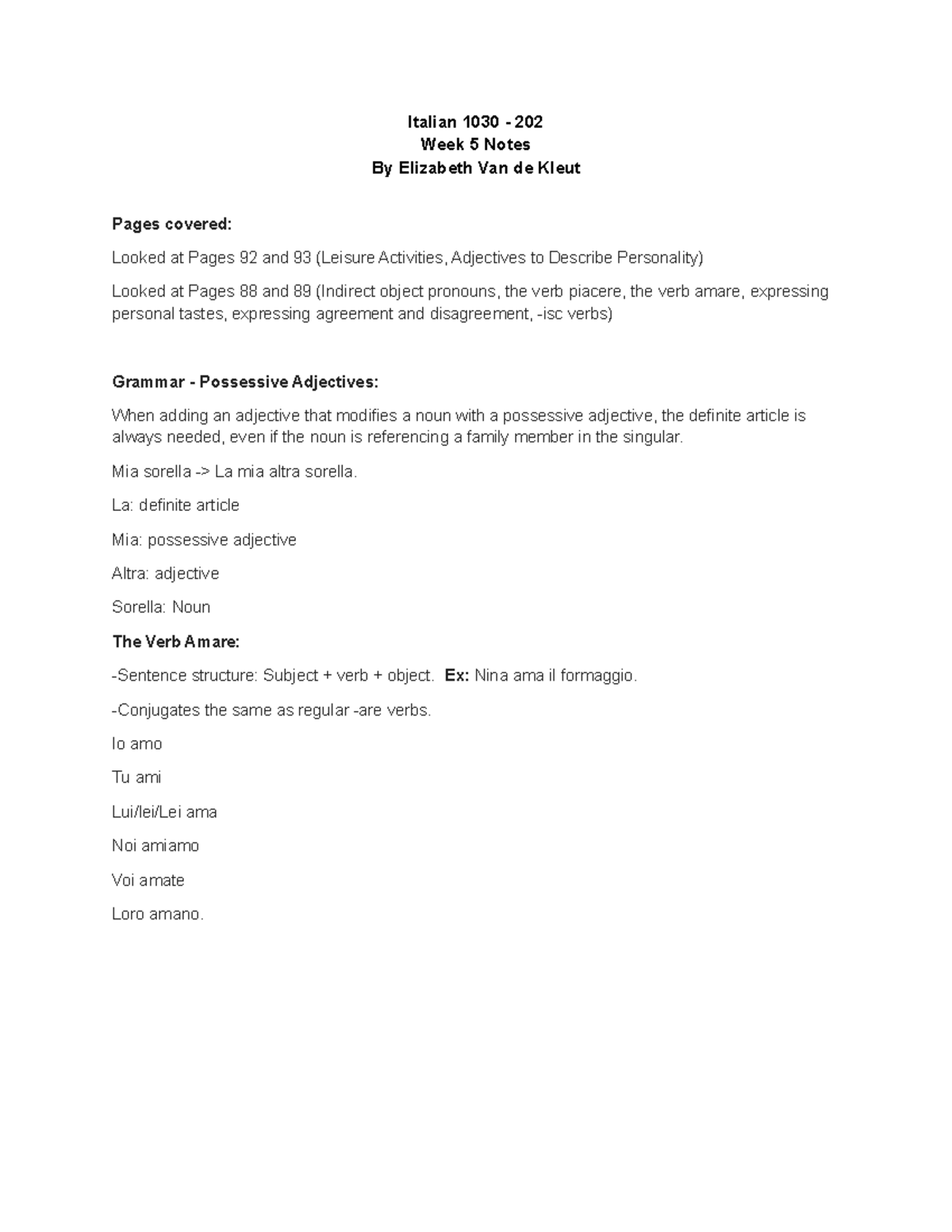 Ita+notes+week+5+monday-1 - Italian 1030 - 202 Week 5 Notes By ...