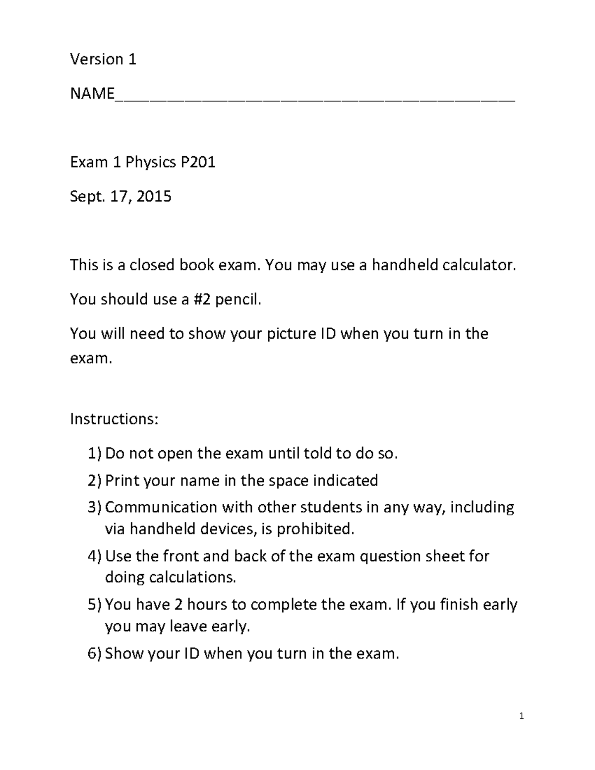 Exam 1 Practice Version 1 NAME 