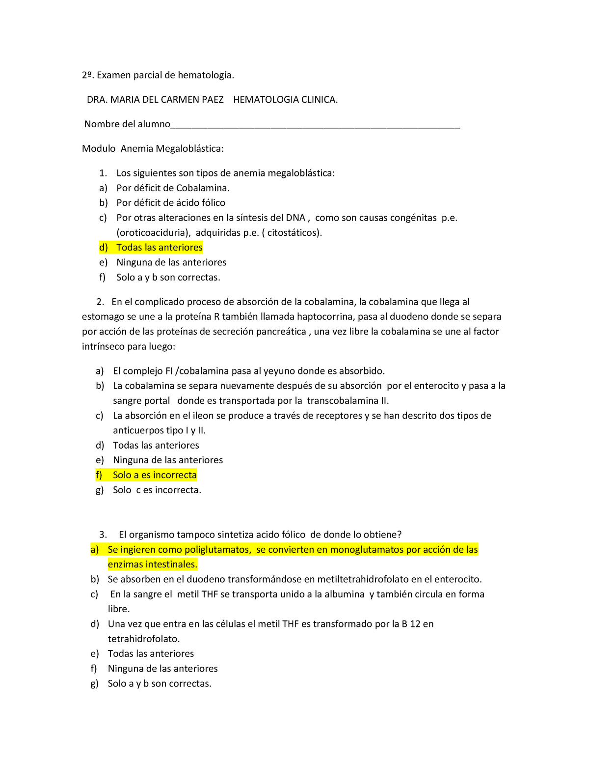 Examen de muestra práctica preguntas y respuestas º Examen parcial de hematología DRA