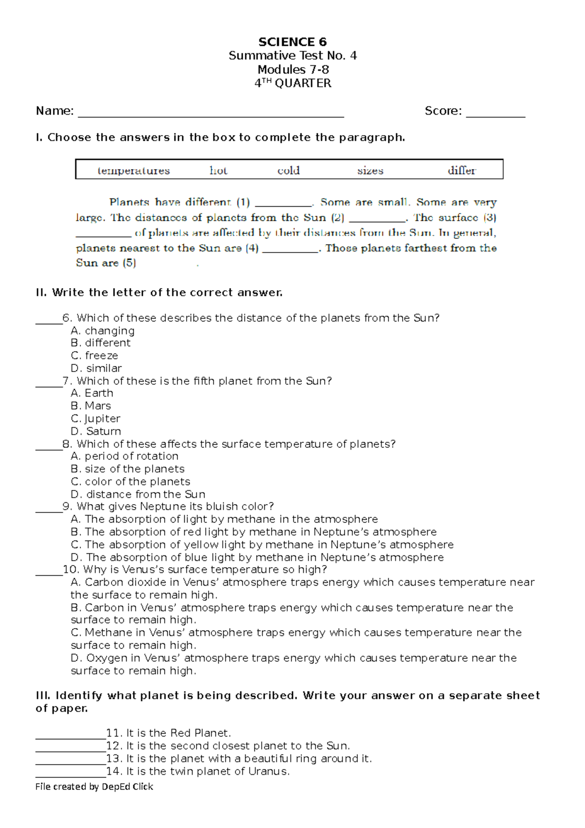 SCI6 ST4 Q4 - Science - SCIENCE 6 Summative Test No. 4 Modules 7- 4 TH ...