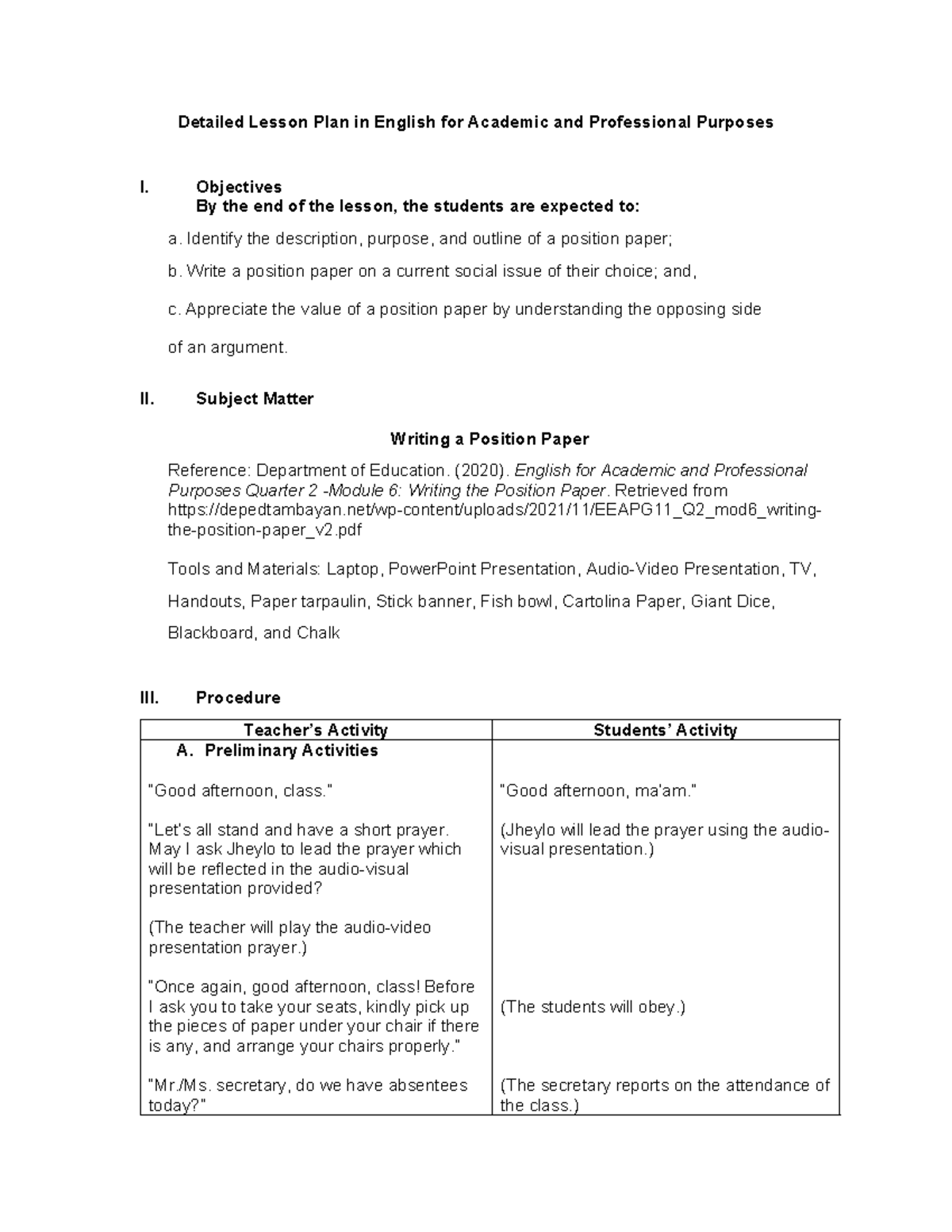 Local-DEMO- Lessonplan - Detailed Lesson Plan in English for Academic ...