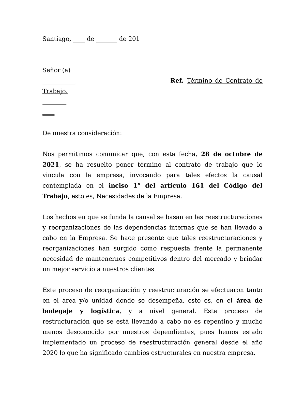 Carta de despido - Santiago, ____ de _______ de 201 Señor (a ...
