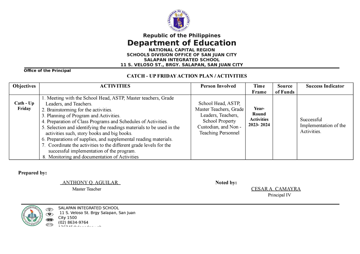 CATH UP Friday Action PLAN - Republic of the Philippines Department of ...