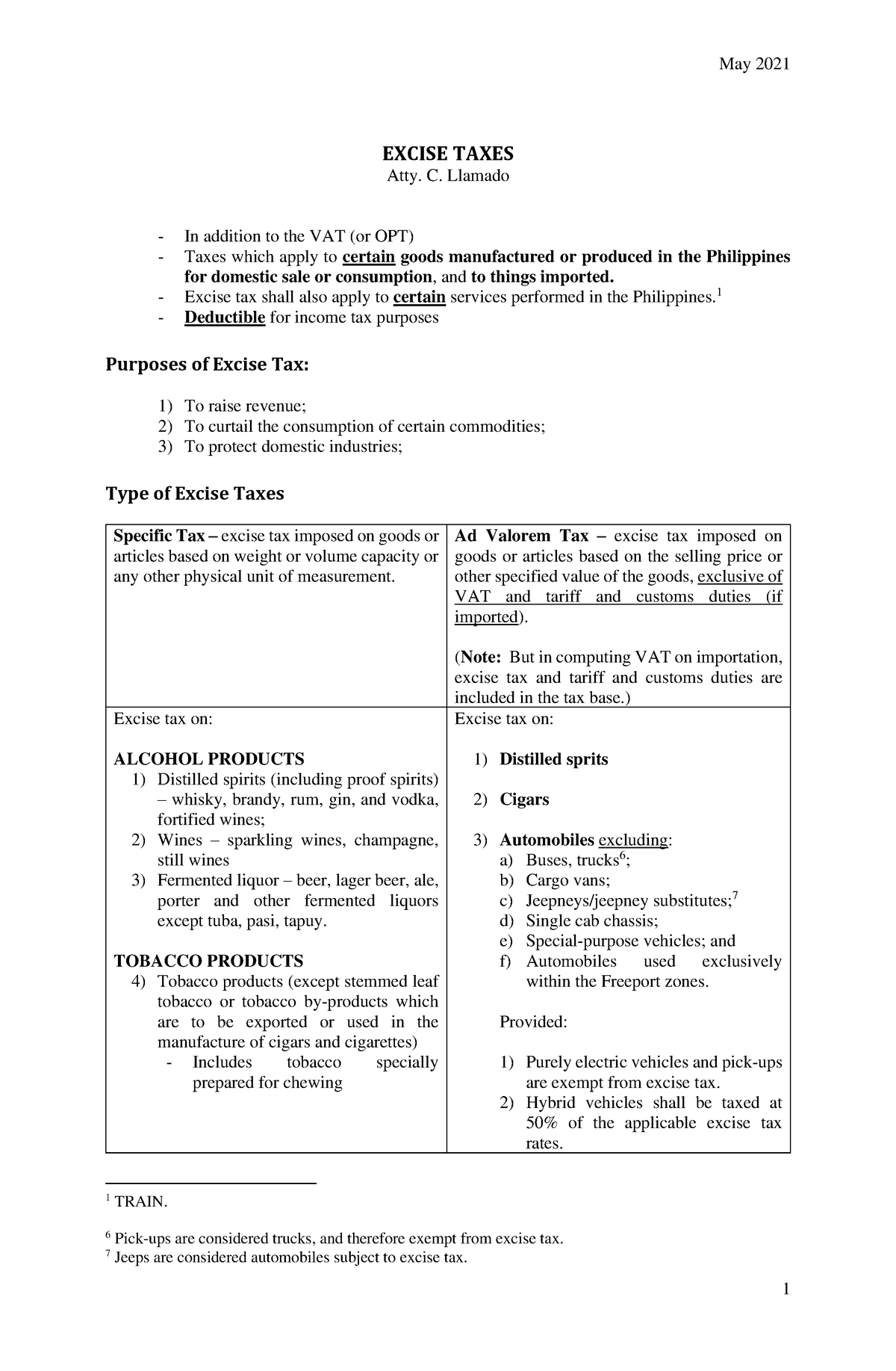 CPAR Excise Tax, DST (Batch 89) Handout EXCISE TAXES Atty. C. Llamado