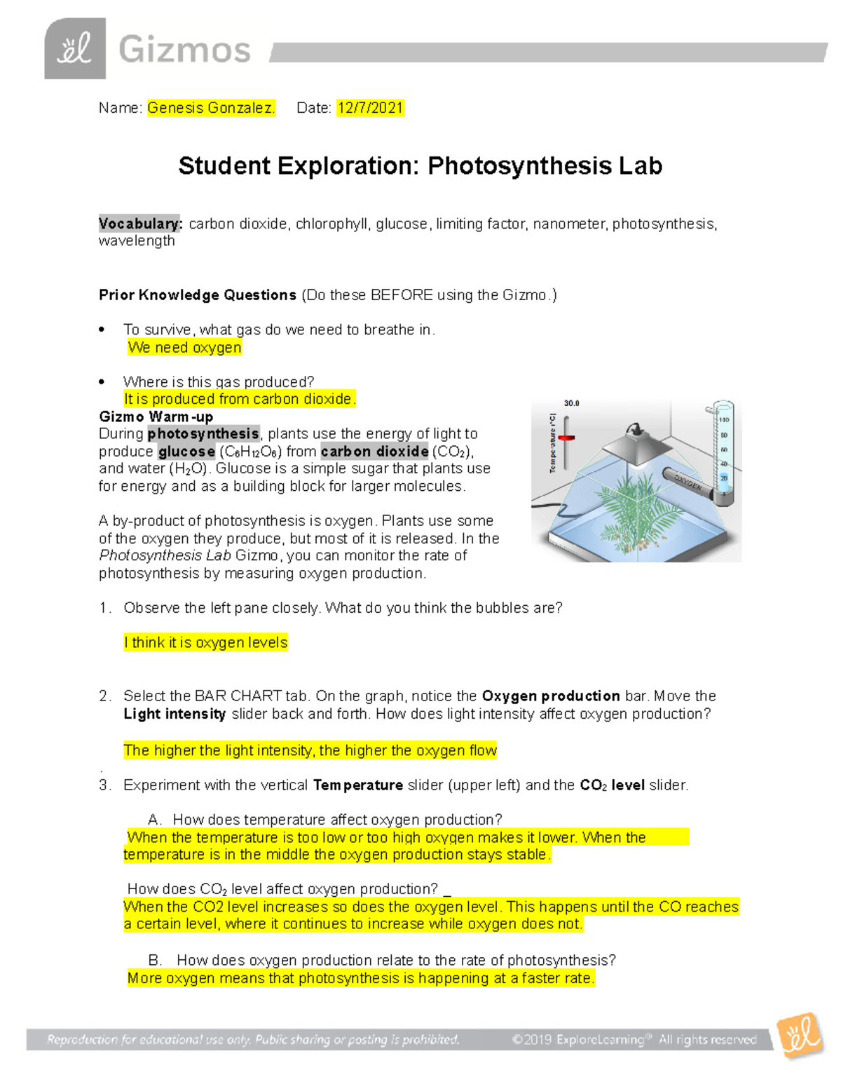 Photosynthesis Lab SE to help you cheat lmao Name Genesis Gonzalez