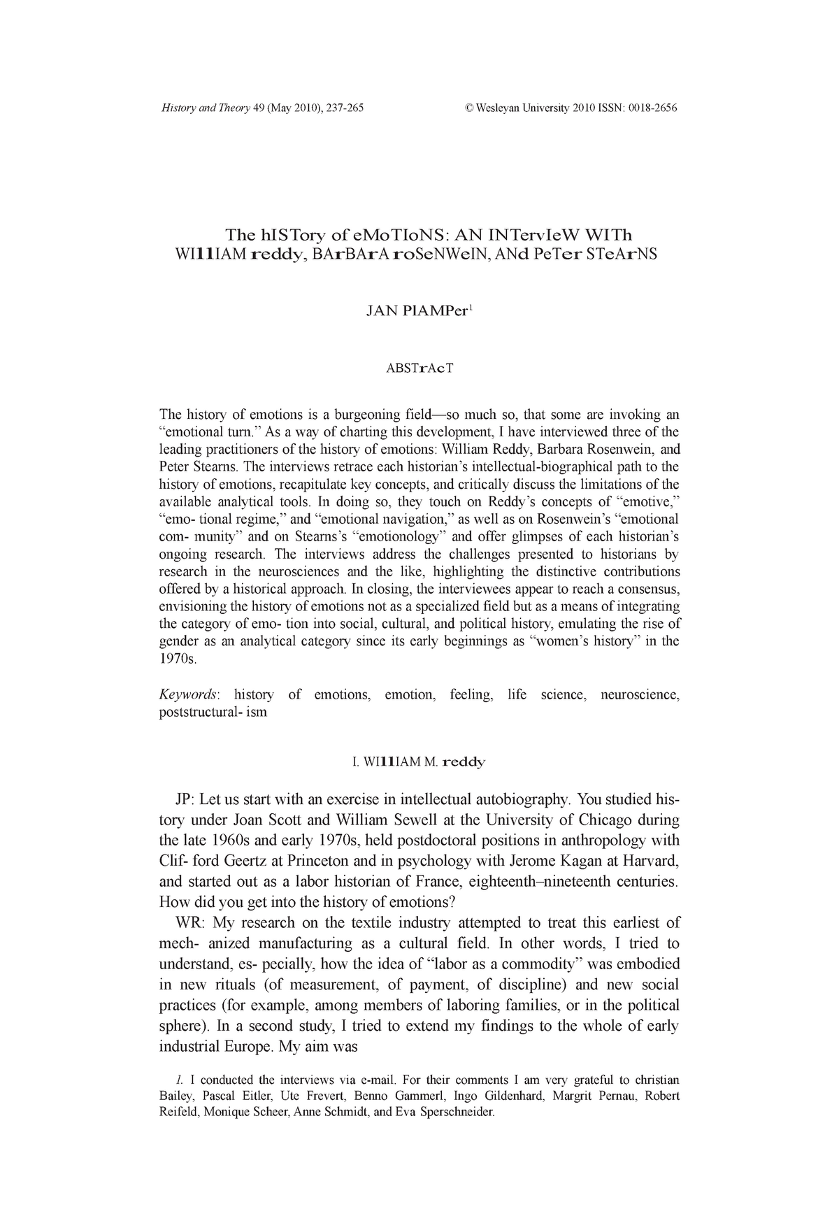 History of emotions interview - History and Theory 49 (May 2010), 237 ...