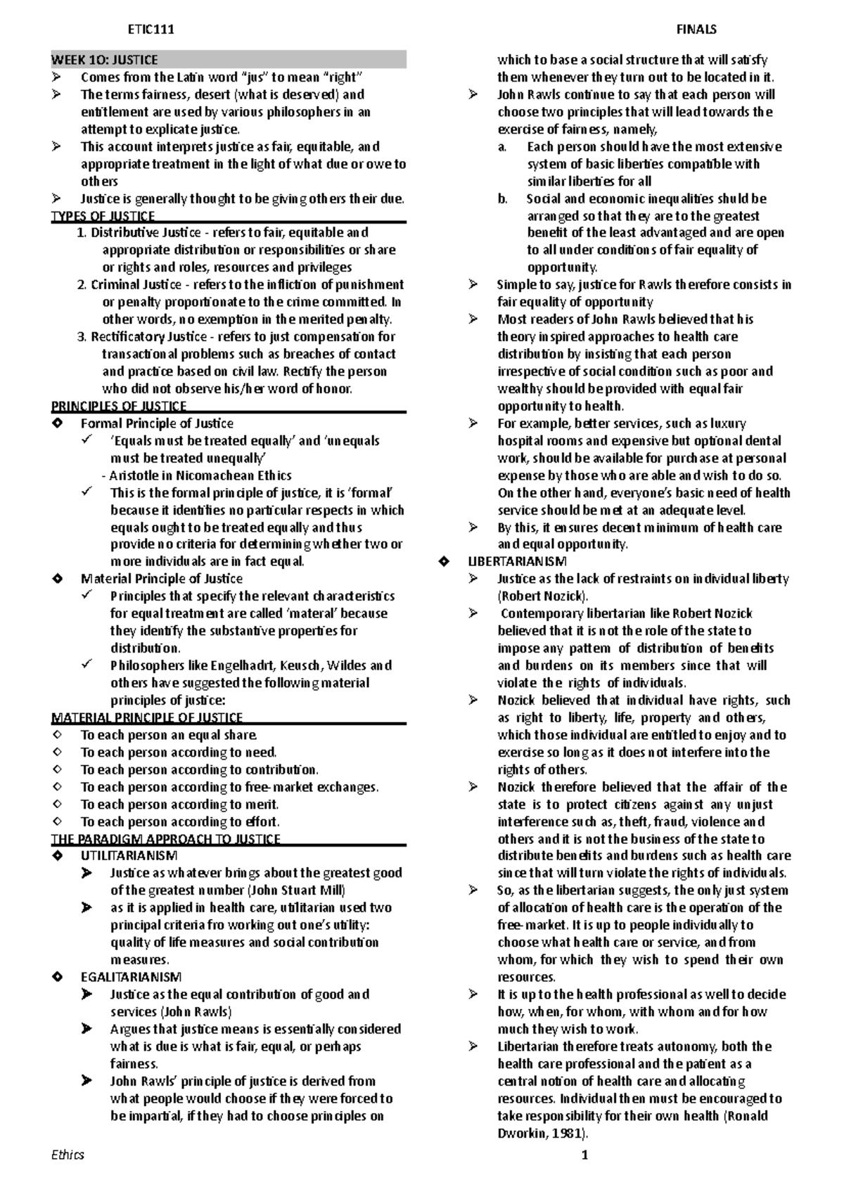 ETHICS-Transes-Finals - WEEK 1O: JUSTICE Comes from the Latin word “jus ...