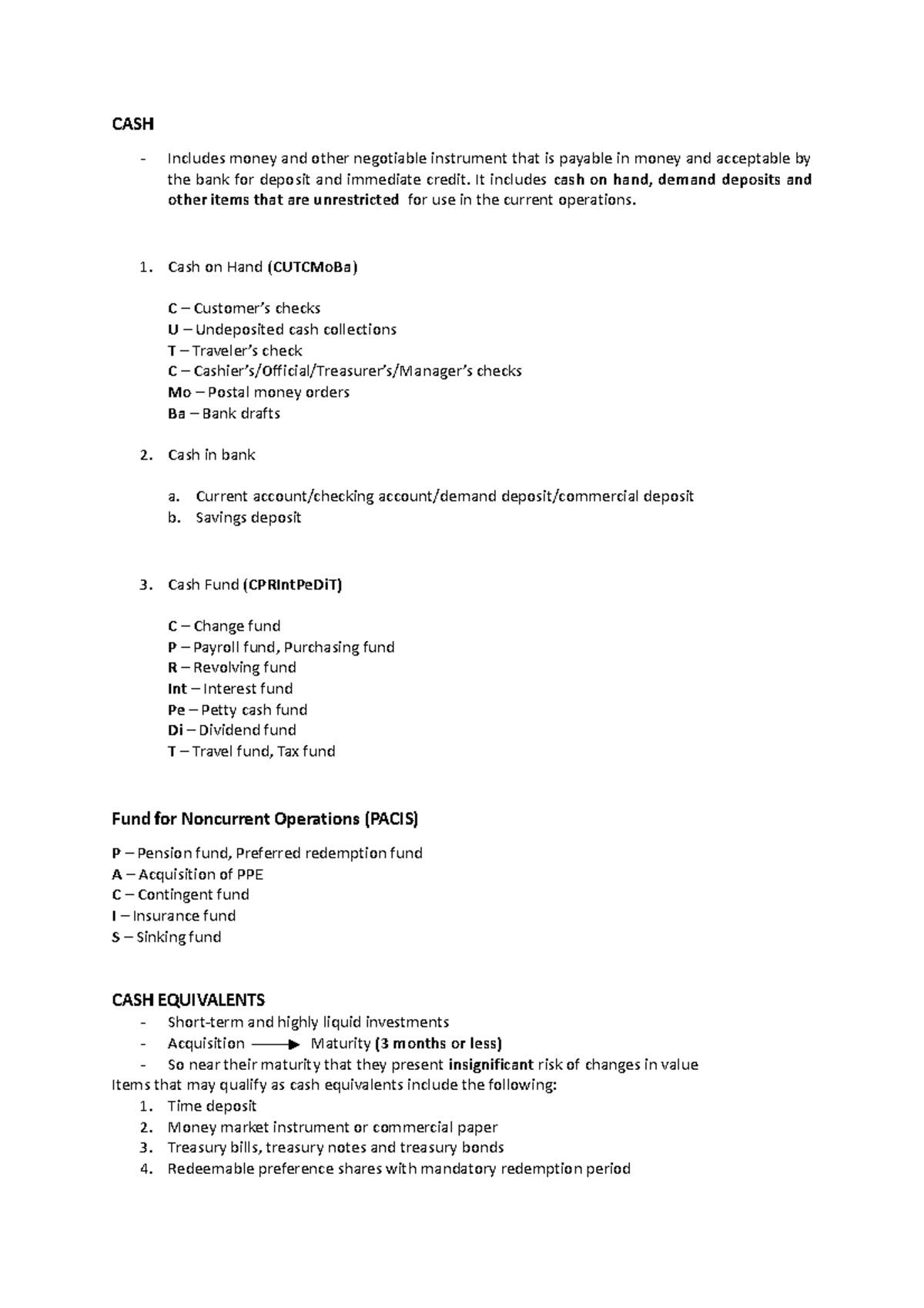 01-Cash - lecture notes - CASH Includes money and other negotiable ...