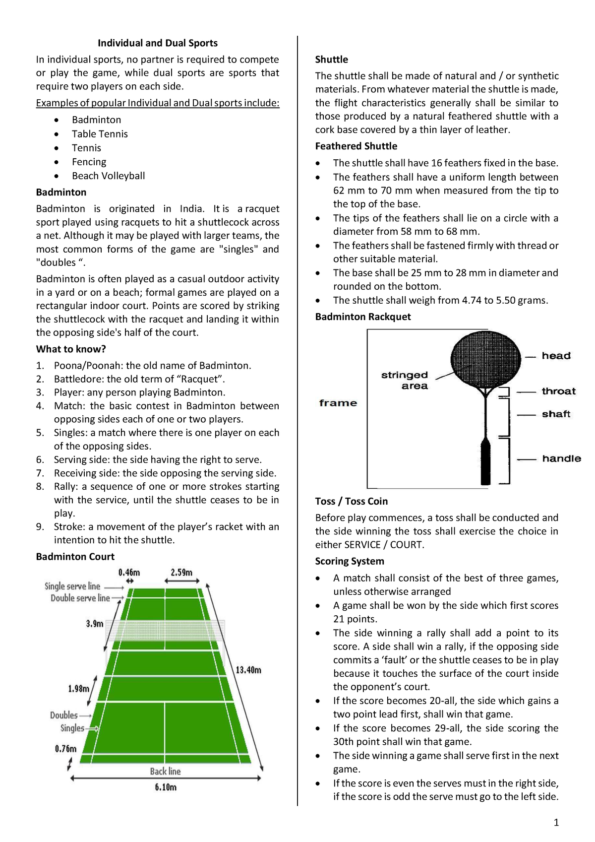 Finals Reviewer - Individual and Dual Sports In individual sports, no ...