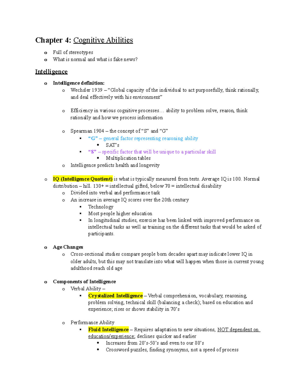 Chapter 4 Notes - Chapter 4: Cognitive Abilities o Full of stereotypes ...