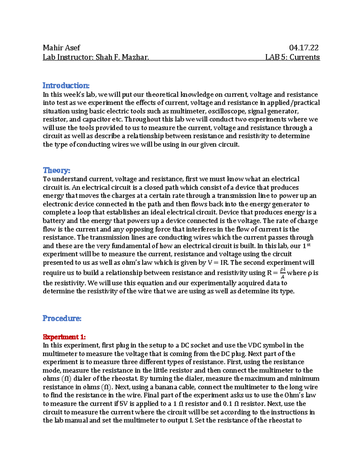 PHYS 208 Lab 5 - This is the laboratory experiment 5 for Physics 20800 ...