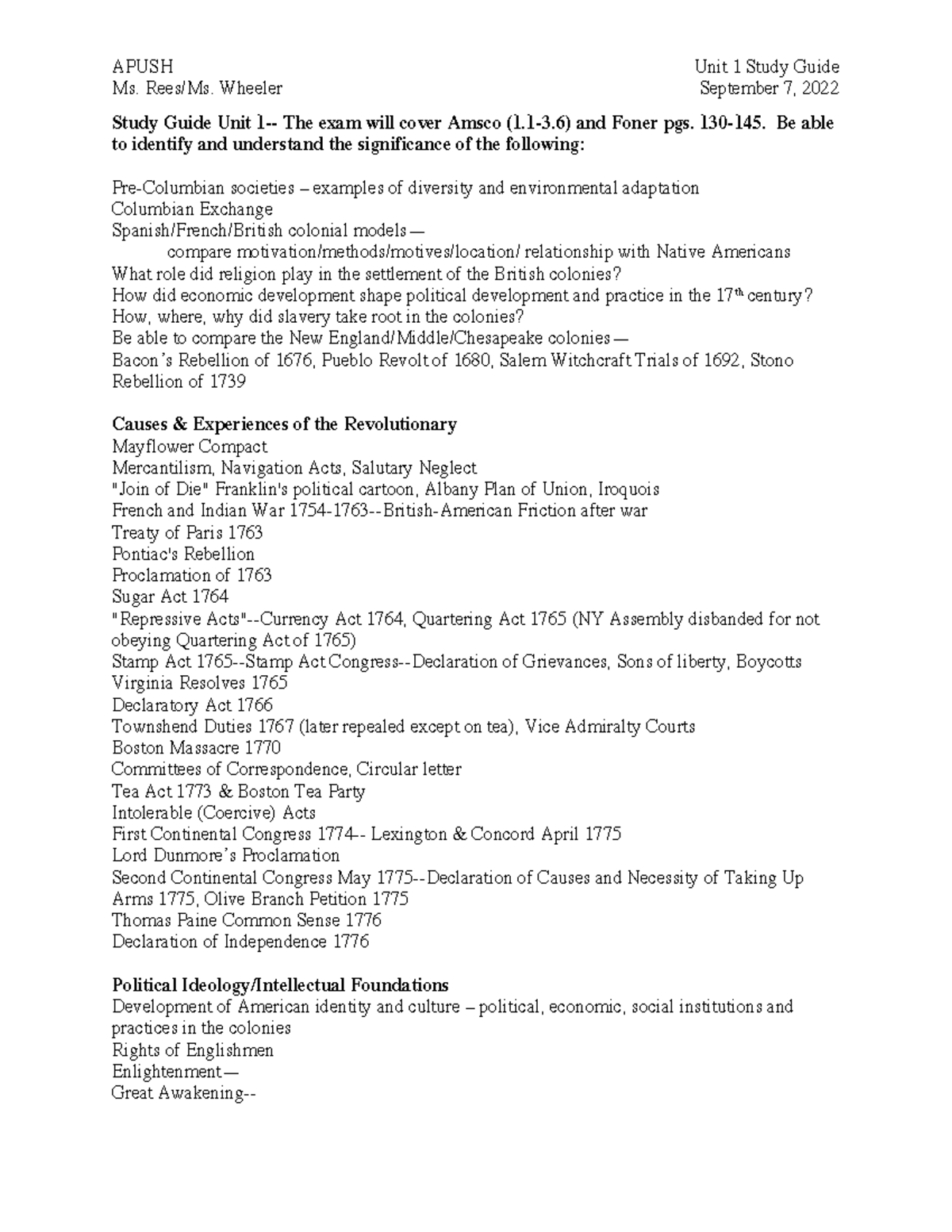 Unit 1 Exam Sept 2022 Study Guide - APUSH Unit 1 Study Guide Ms. Rees ...