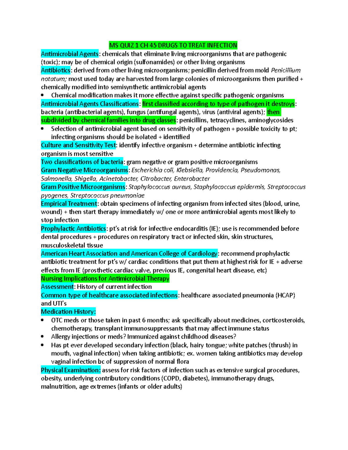 MS QUIZ 1 CH 45 Drugs TO Treat Infection MS QUIZ 1 CH 45 DRUGS TO TREAT INFECTION