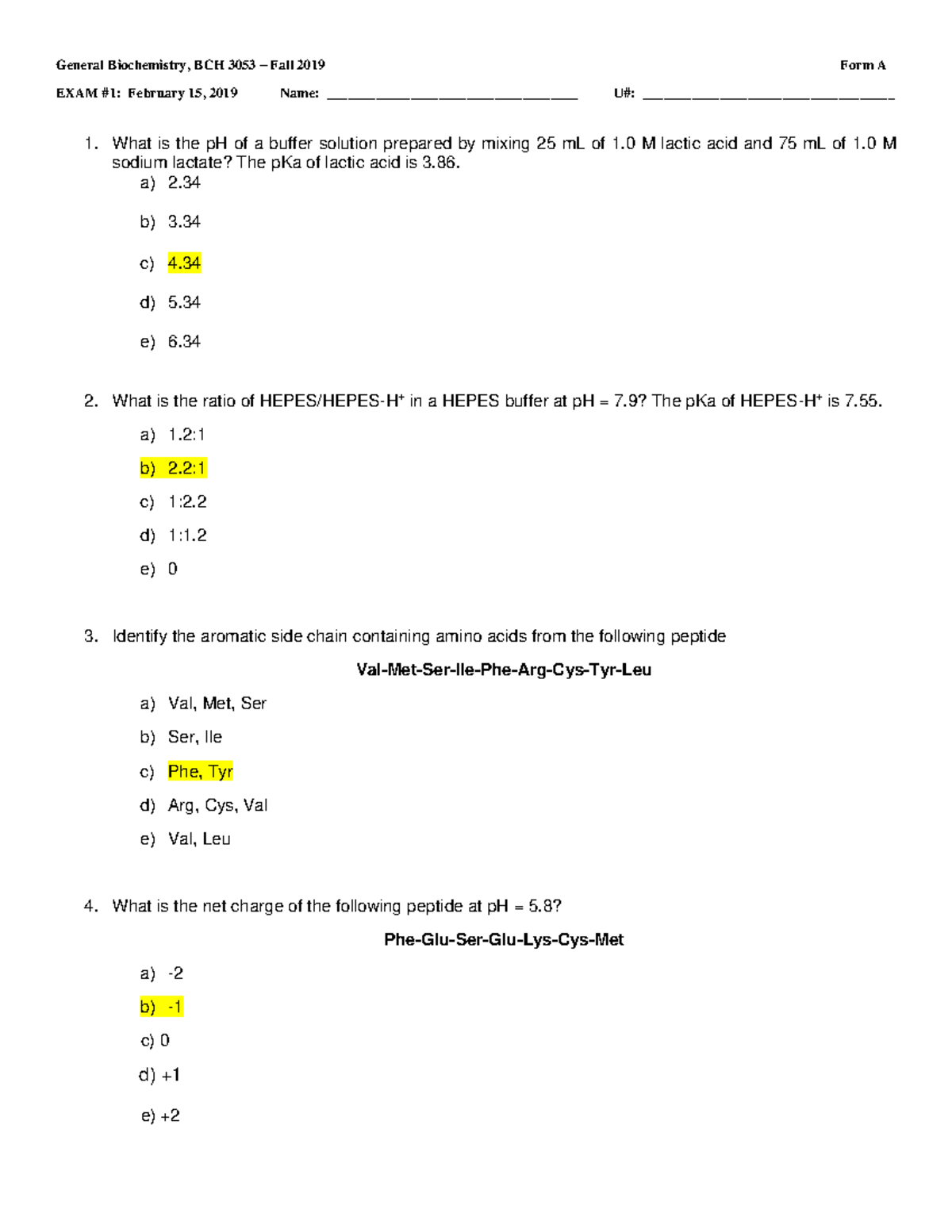 BCH3053 Exam1 Form A key YEAR 2021 - EXAM #1: February 15, 2019 Name ...