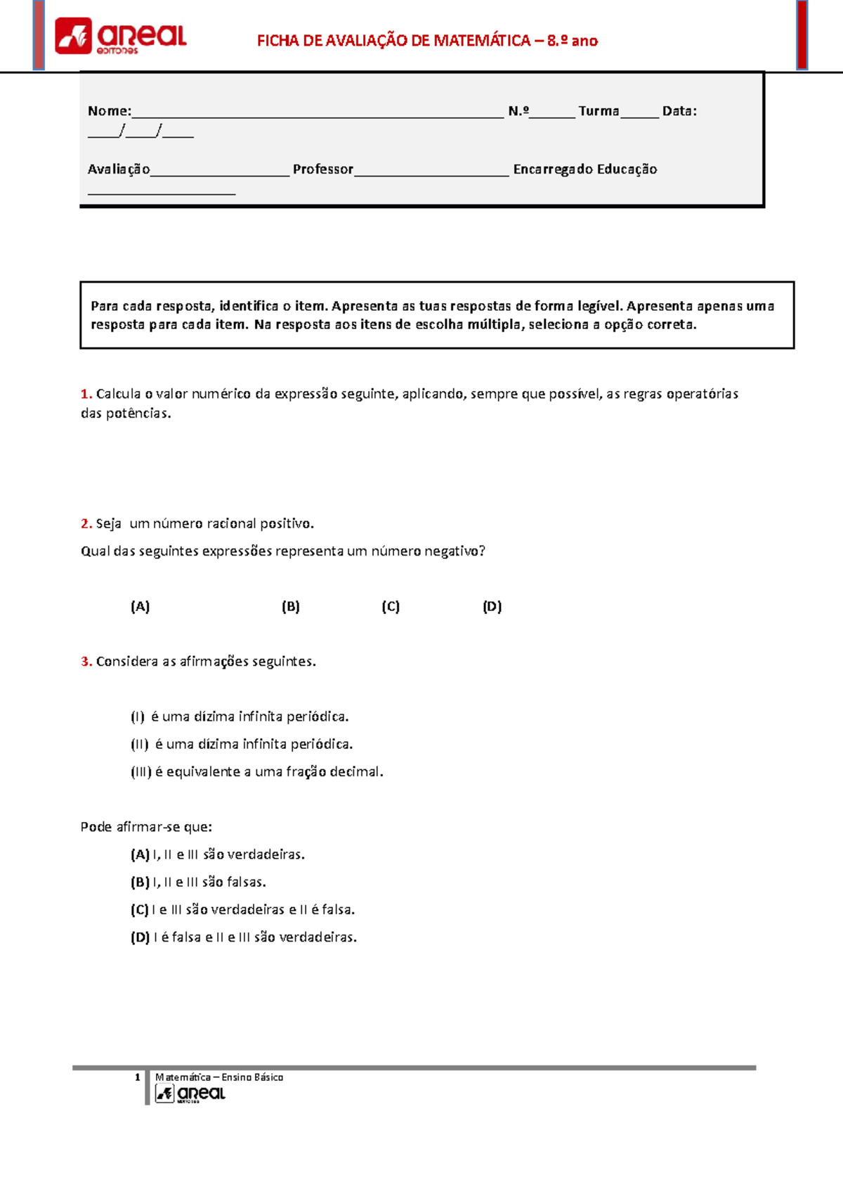 Ae teste 3 mat8 - exerccicios matemática - 1. Calcula o valor numérico ...