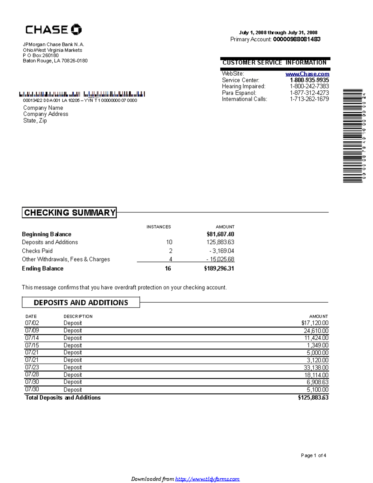 Bank statement template 20 - July 1, 2008 through July 31, 2008 Primary ...