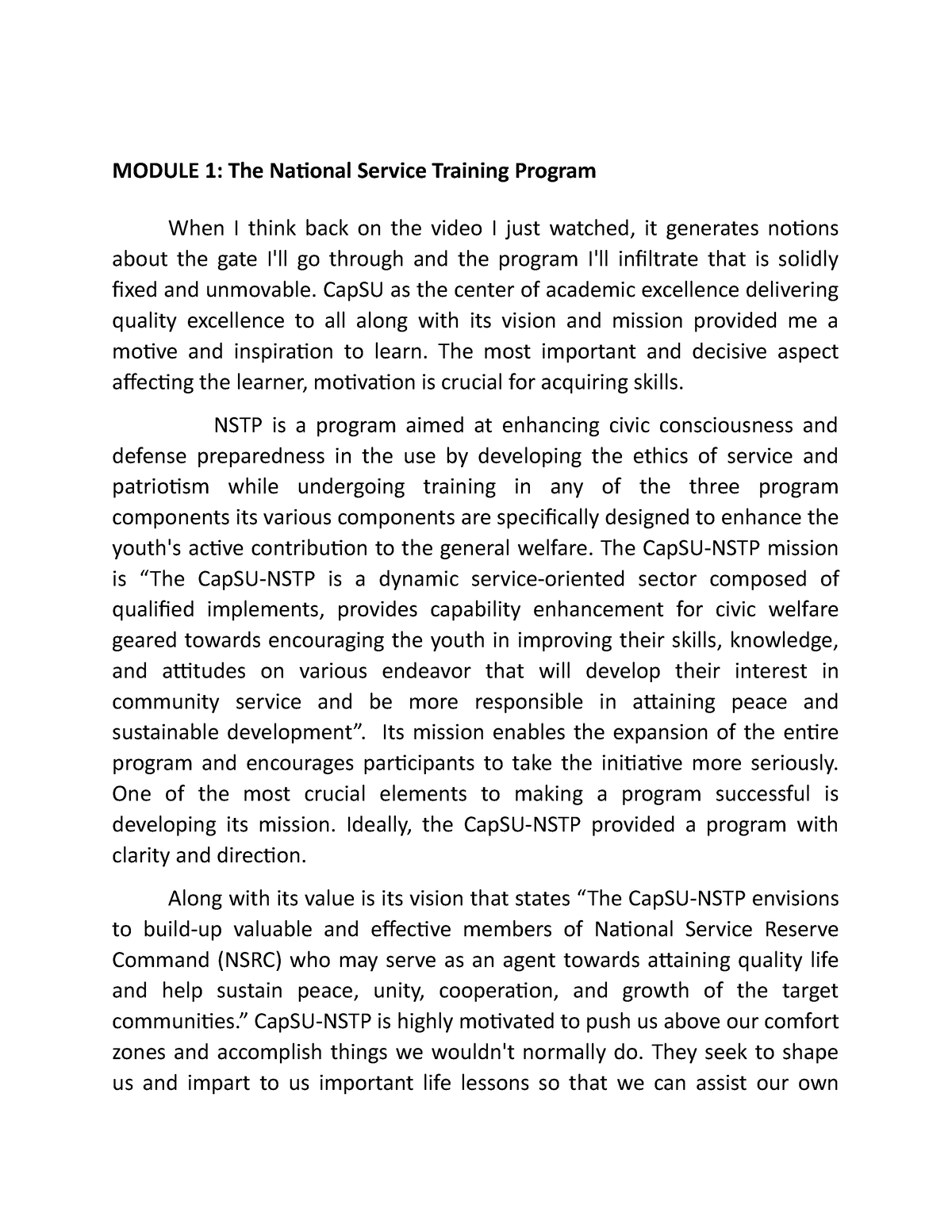 NSTP 111- Reaction Paper ( Module 1) - Copy - MODULE 1: The National ...