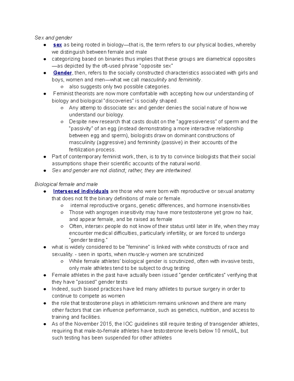 Ch 8 - Summary Exploring Sociology - Sex and gender sex as being rooted ...