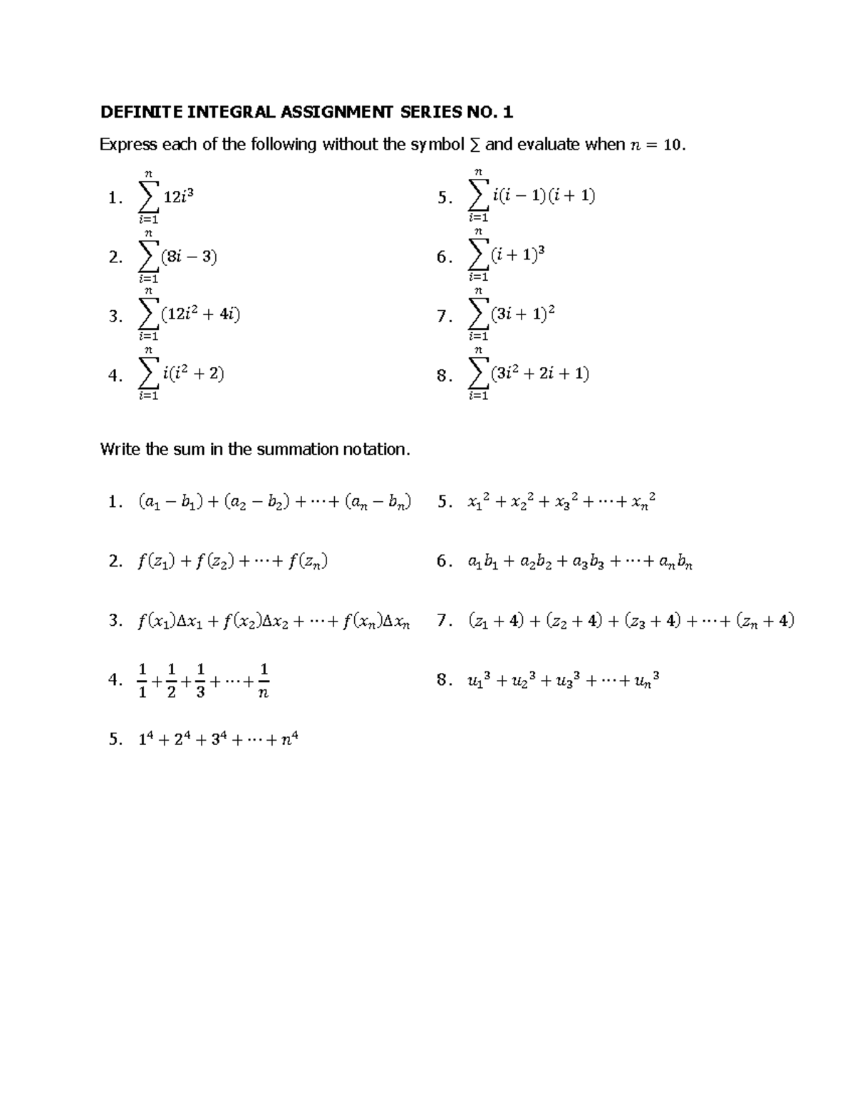 Definite Integral Assignment Series No - Definite Integral Assignment 