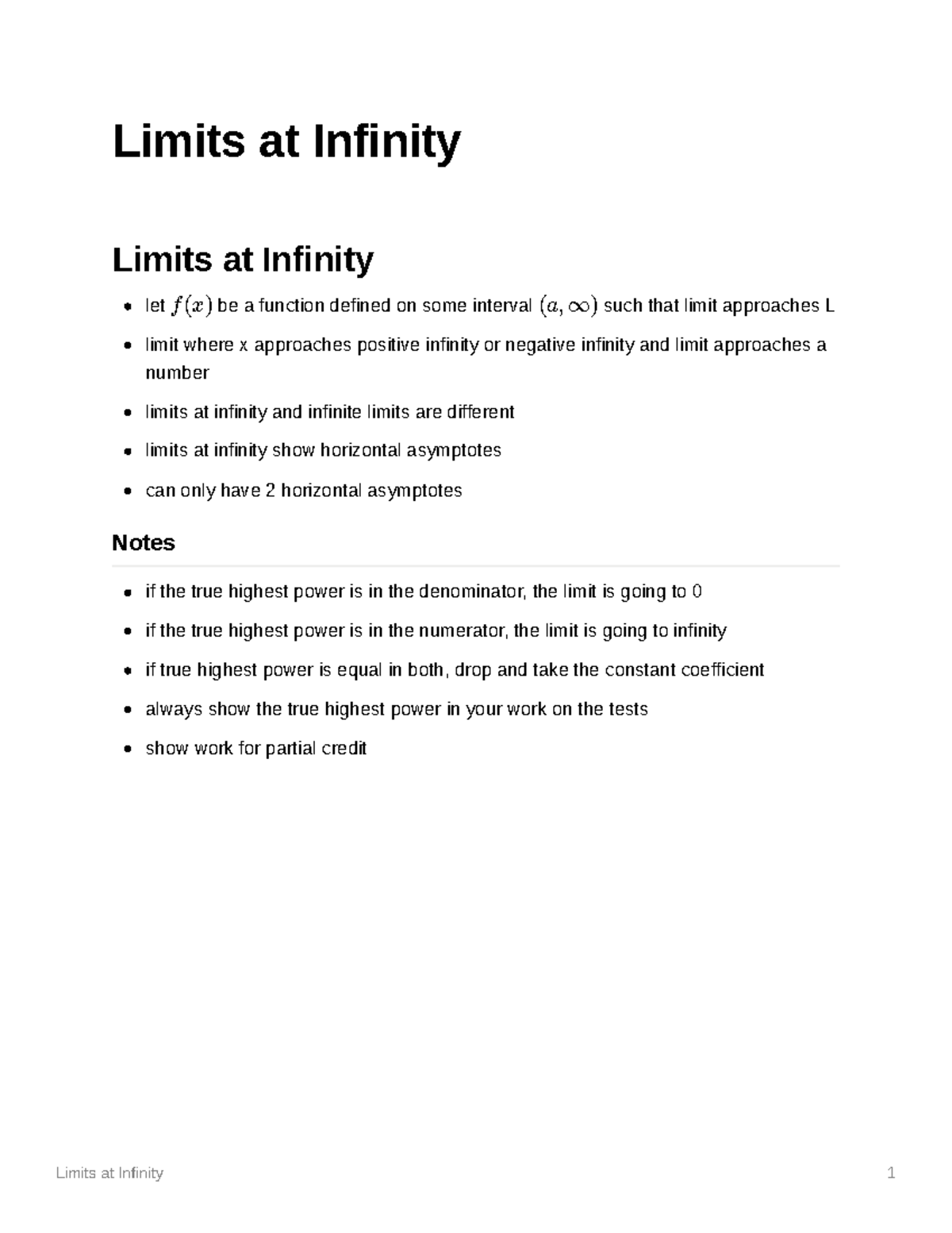 Limits At Infinity Worksheet With Solutions Pdf