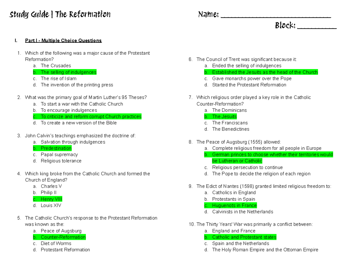 Teacher's+Key+Study+Guide+ +The+Reformation - Study Guide | The ...