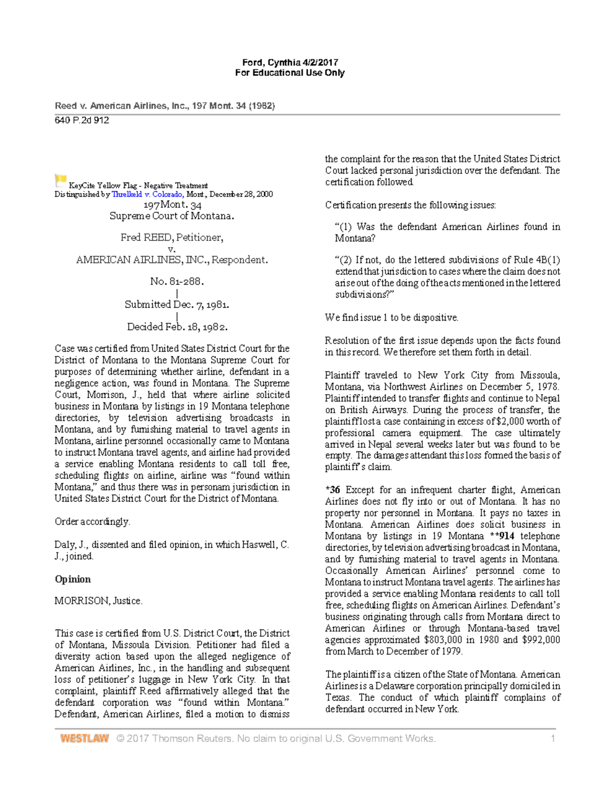 Class 5 Reed v American Airlines Inc edited Ford, Cynthia 4/2/ For