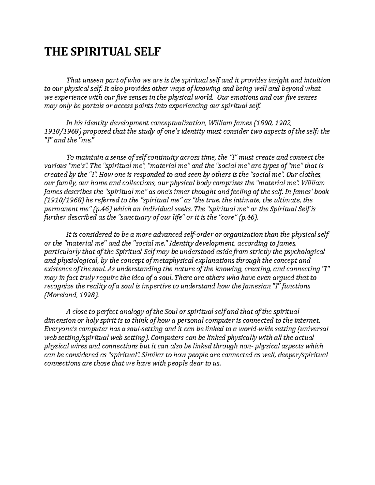 THE Spiritual SELF Lecture notes 1 Under standing self DHVSU