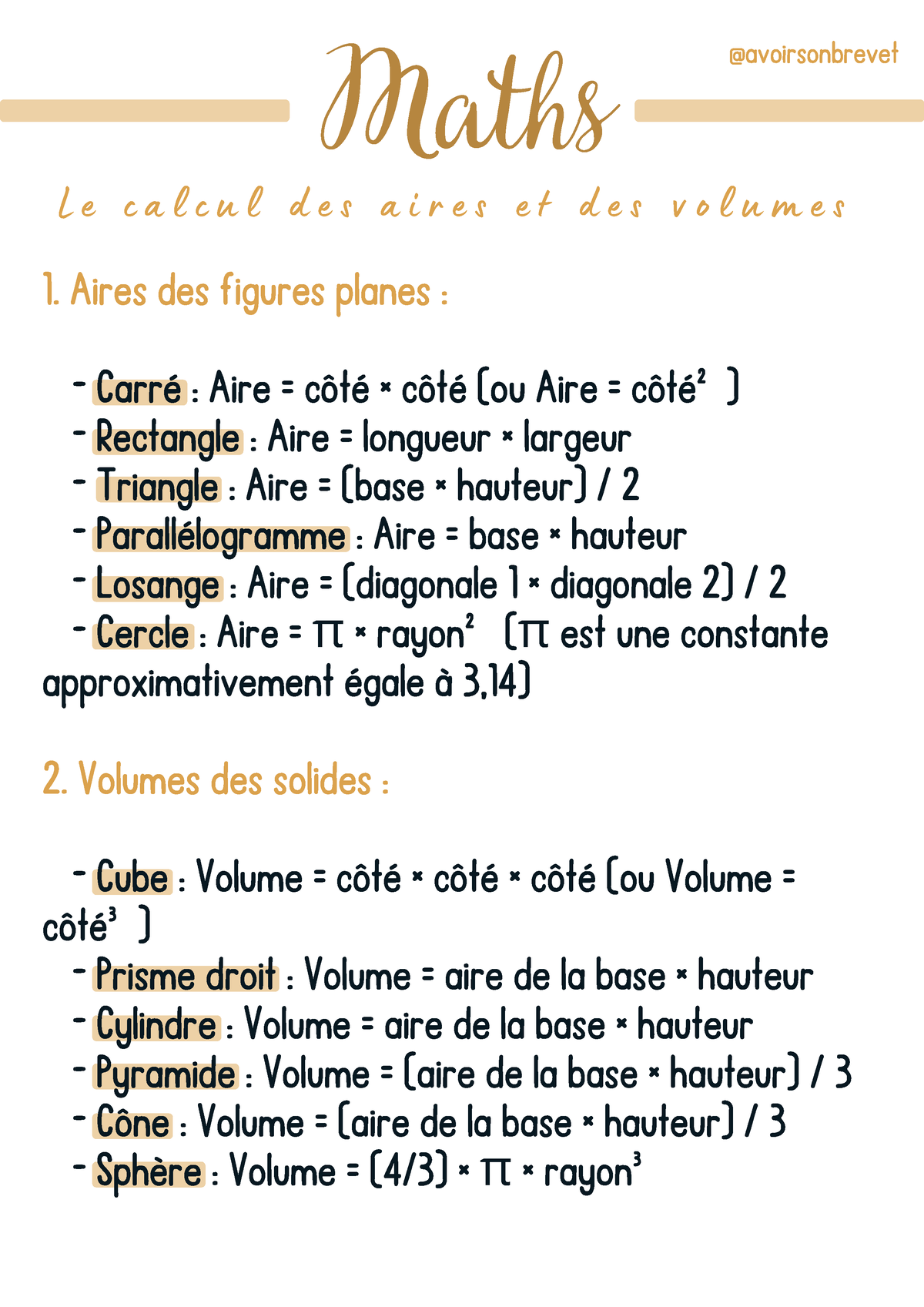 Le Calcul Des Aires Et Des Volumes Maths Avoirsonbrevet L E C A L C