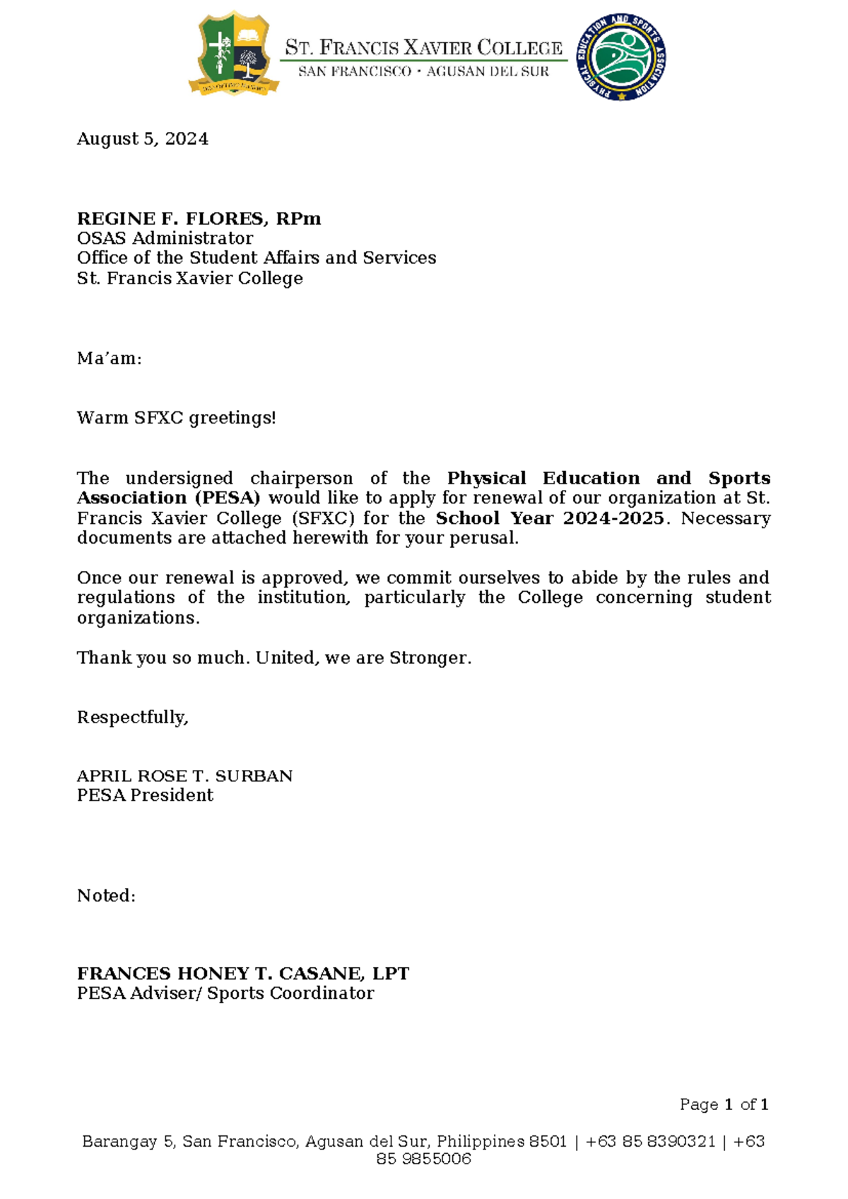 PESA CBL Letter of Intent 2024 - August 5, 2024 REGINE F. FLORES, RPm ...