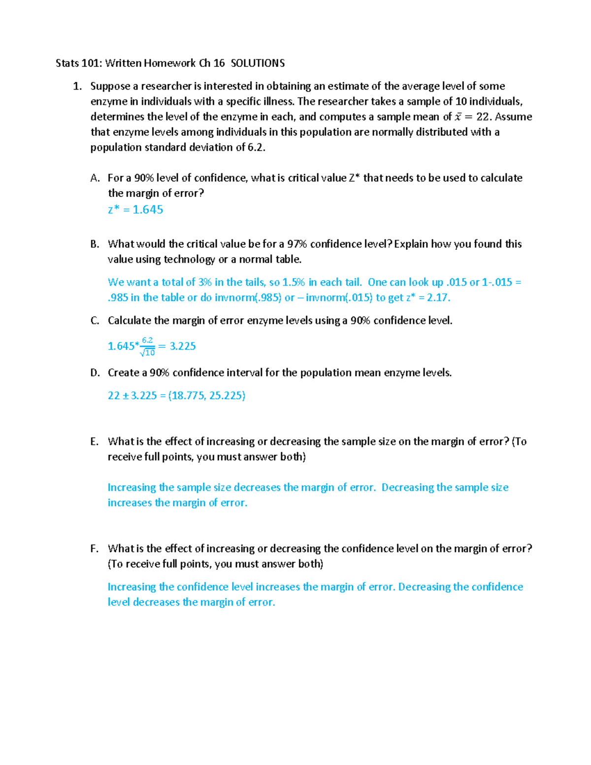 Stats 101 WH CH 16 Solution - Stats 101: Written Homework Ch 16 ...