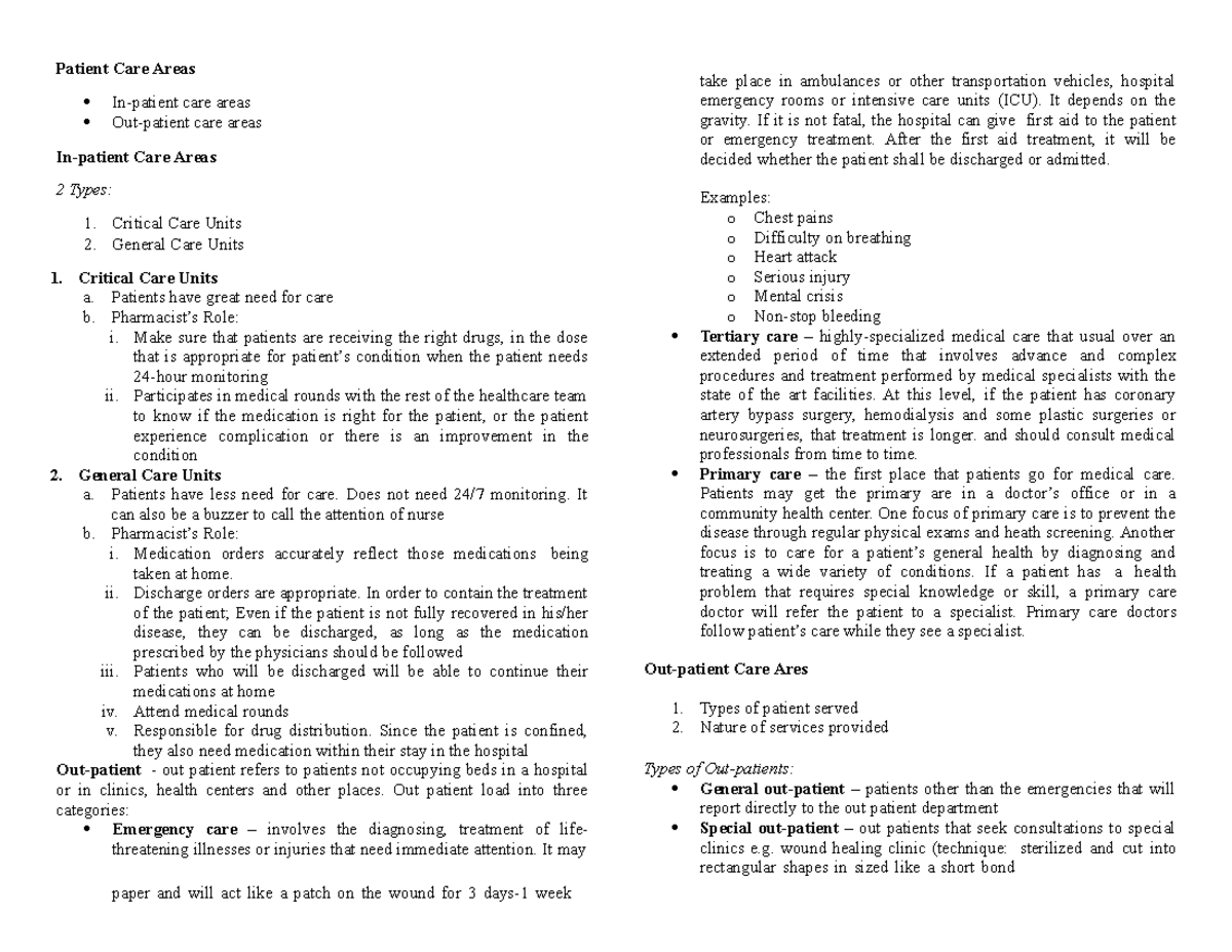 Patient Care Areas ( Pharmacy) - Patient Care Areas In-patient care ...