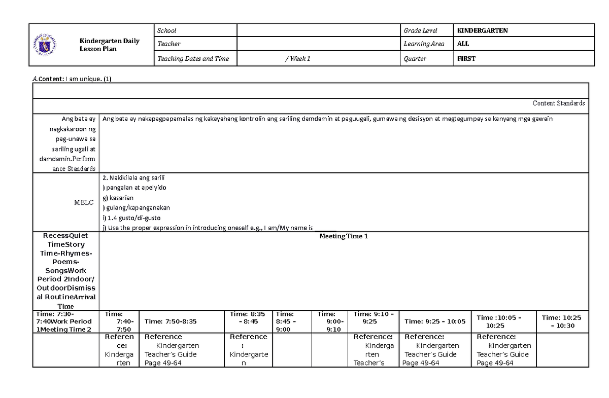 Kinder WEEK1(Day1) - QUARTER 1 - Kindergarten Daily Lesson Plan School ...