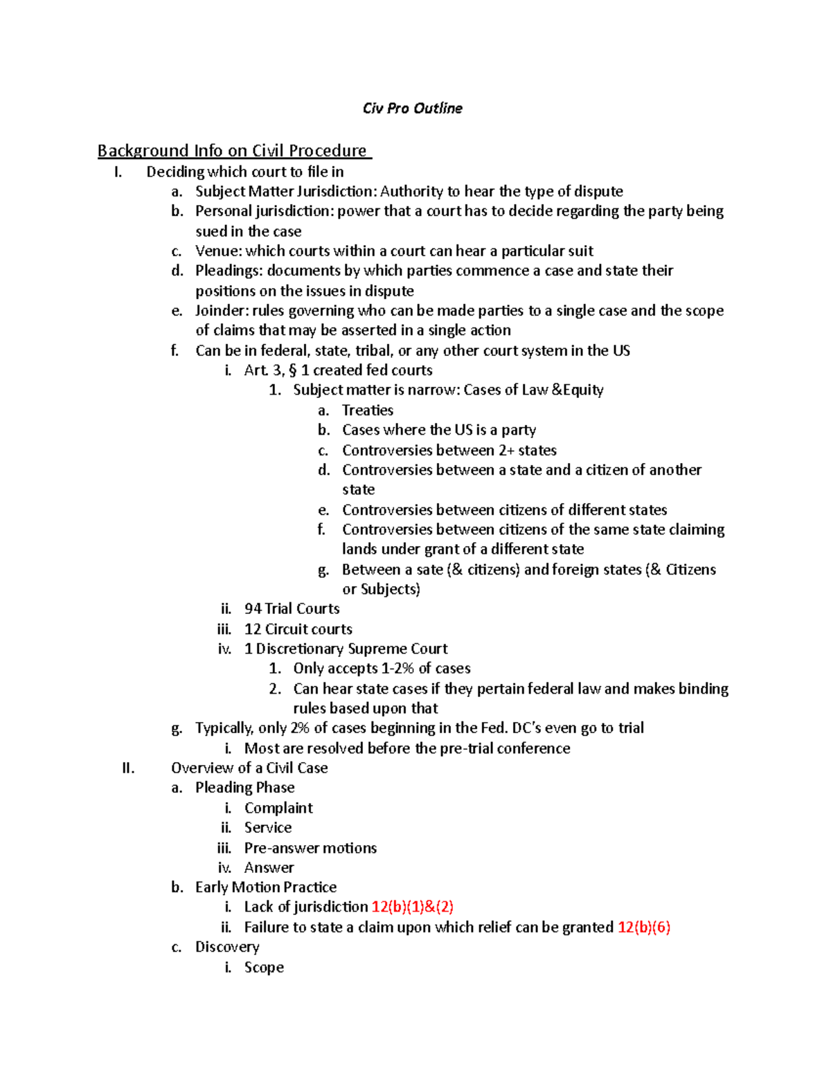 Final Civ Pro Outline - Lecture Notes All - Civ Pro Outline Background ...