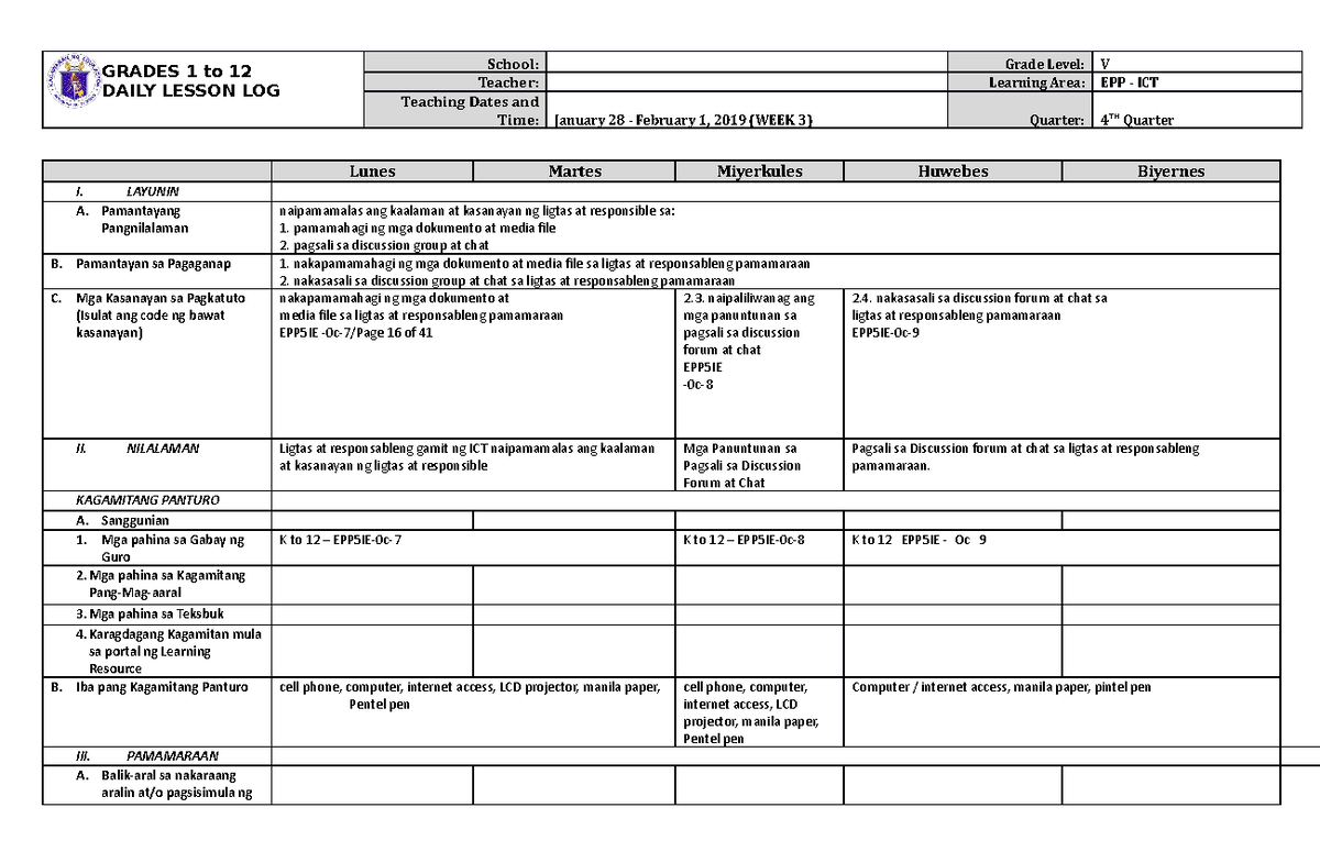 Grade 5 DLL EPP 5 Q4 Week 3 - GRADES 1 to 12 DAILY LESSON LOG School ...