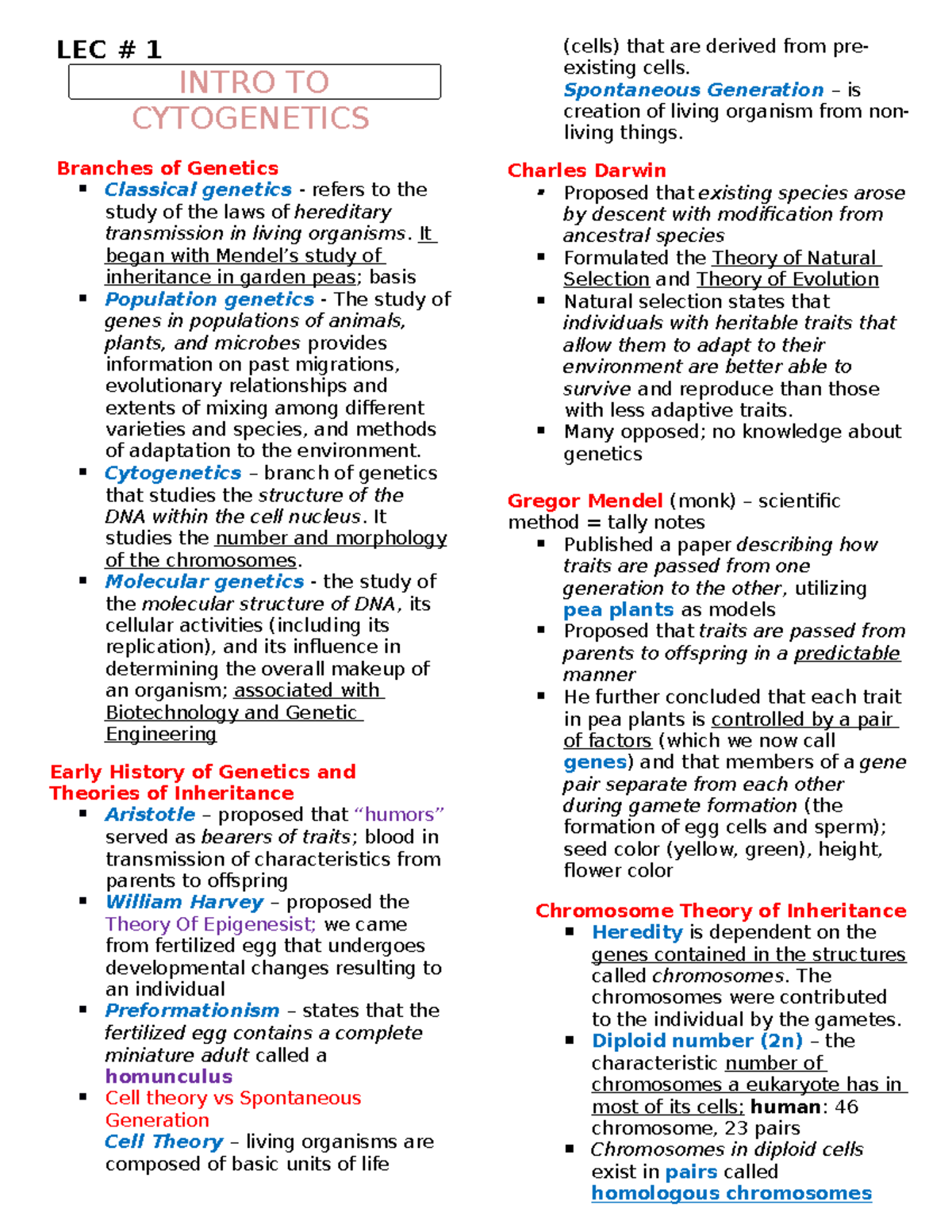 #2 - Intro Cytogenetics - LEC # 1 INTRO TO CYTOGENETICS Branches Of ...