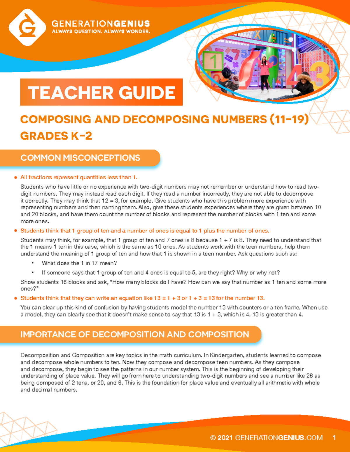 Composing and Decomposing Numbers (11-19) Teacher Guide for Grades K-2 ...