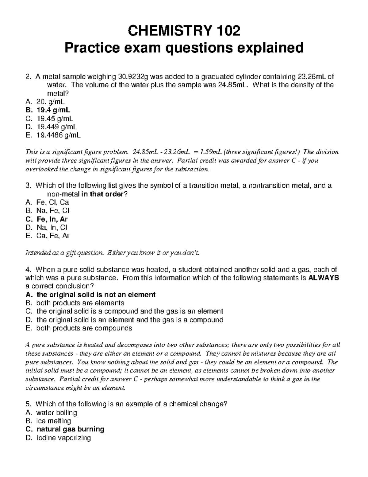 Practice test Part I answers - CHEMISTRY 102 Practice exam questions ...