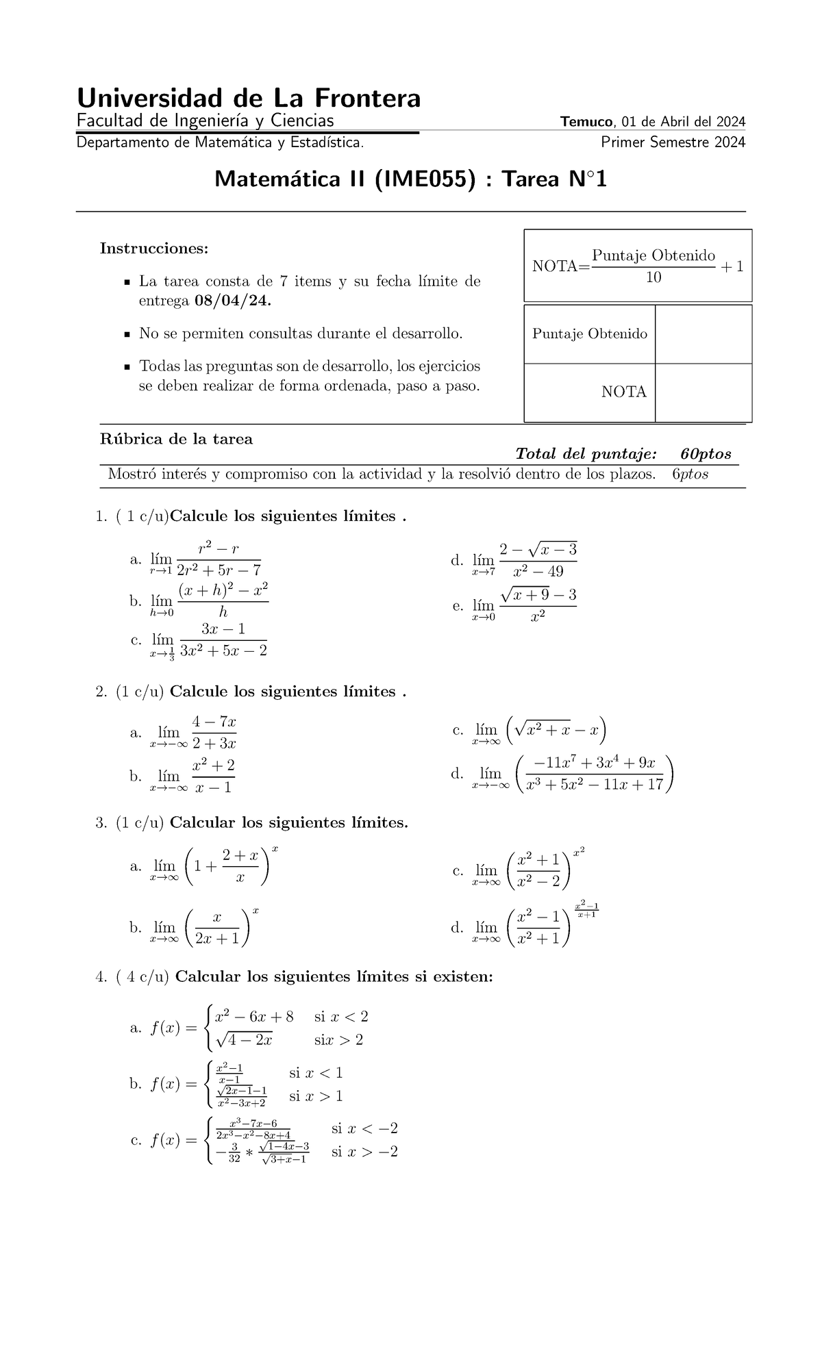 Tarea 1 limites Universidad de La Frontera Facultad de Ingenier ıa