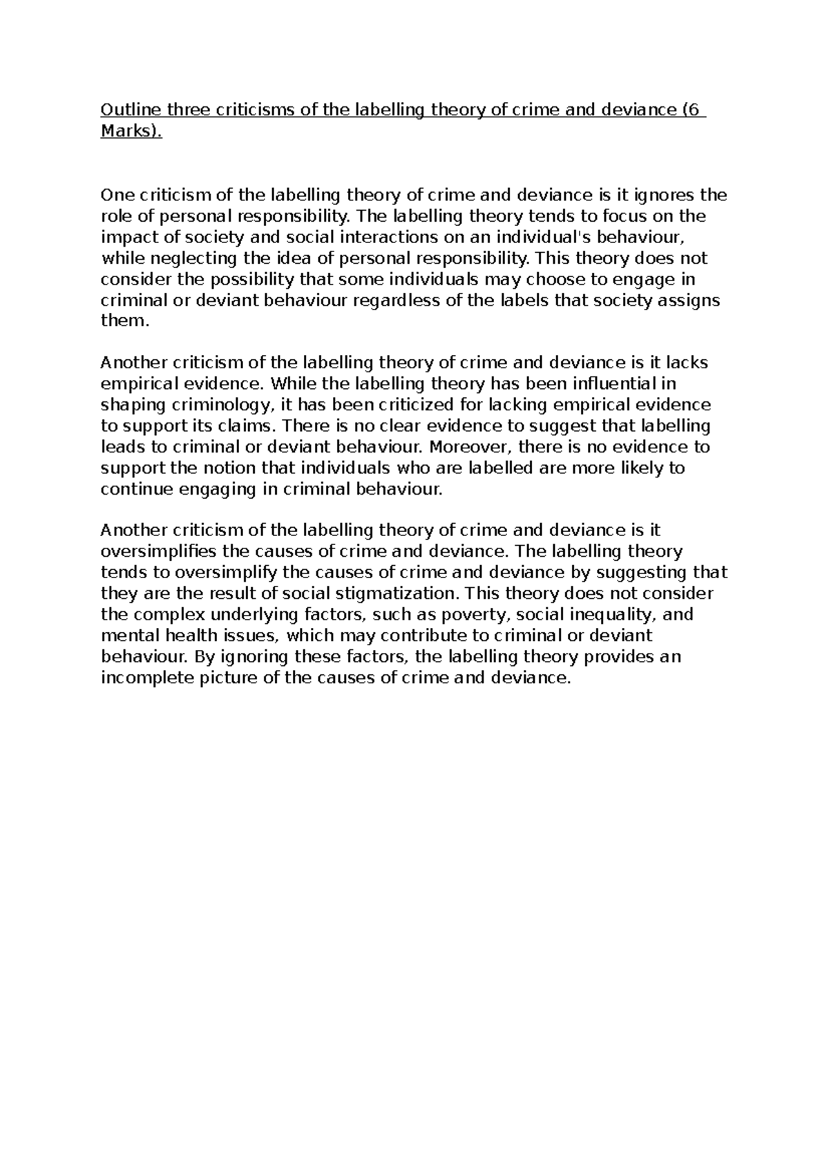 Outline three criticisms of the labelling theory of crime and deviance