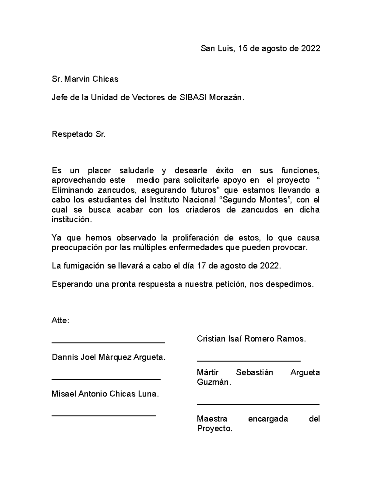 Carta De Solicitud De Apoyo A Un Proyecto 1 - San Luis, 15 De Agosto De ...