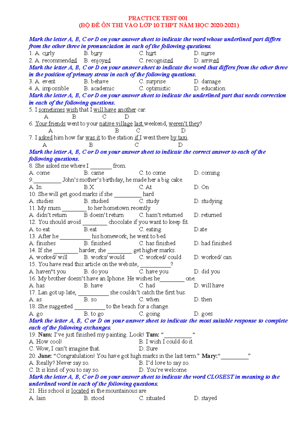 01. Practice TEST 001 - PRACTICE TEST 001 (BỘ ĐỀ ÔN THI VÀO LỚP 10 THPT ...